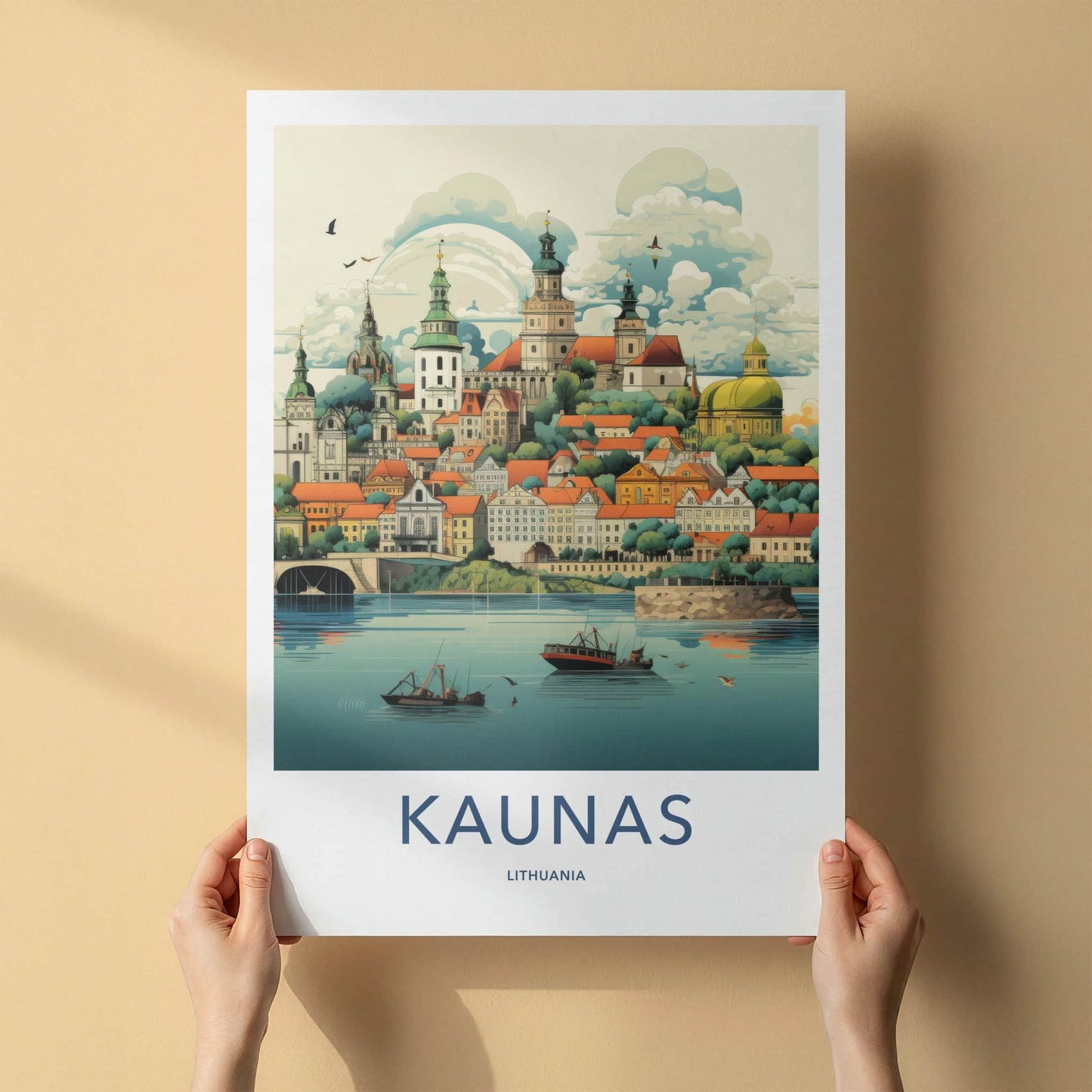 Kaunas Poster - Lithuania Travel Art - Riverfront City Skyline Wall Decor