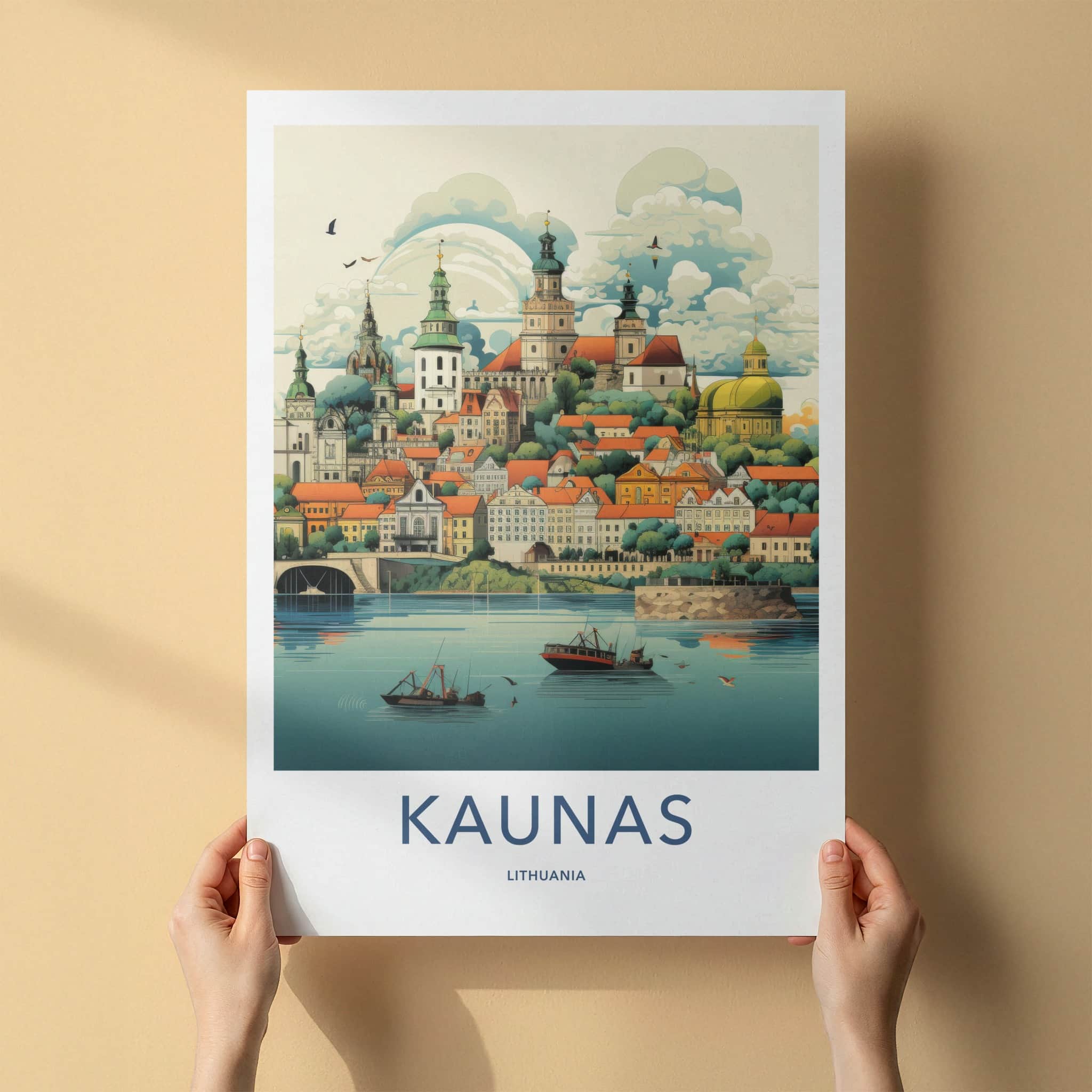 Kaunas Poster - Lithuania Travel Art - Riverfront City Skyline Wall Decor