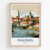 Kaunas Poster - Lithuania Travel Art - Riverfront City Spire Wall Decor