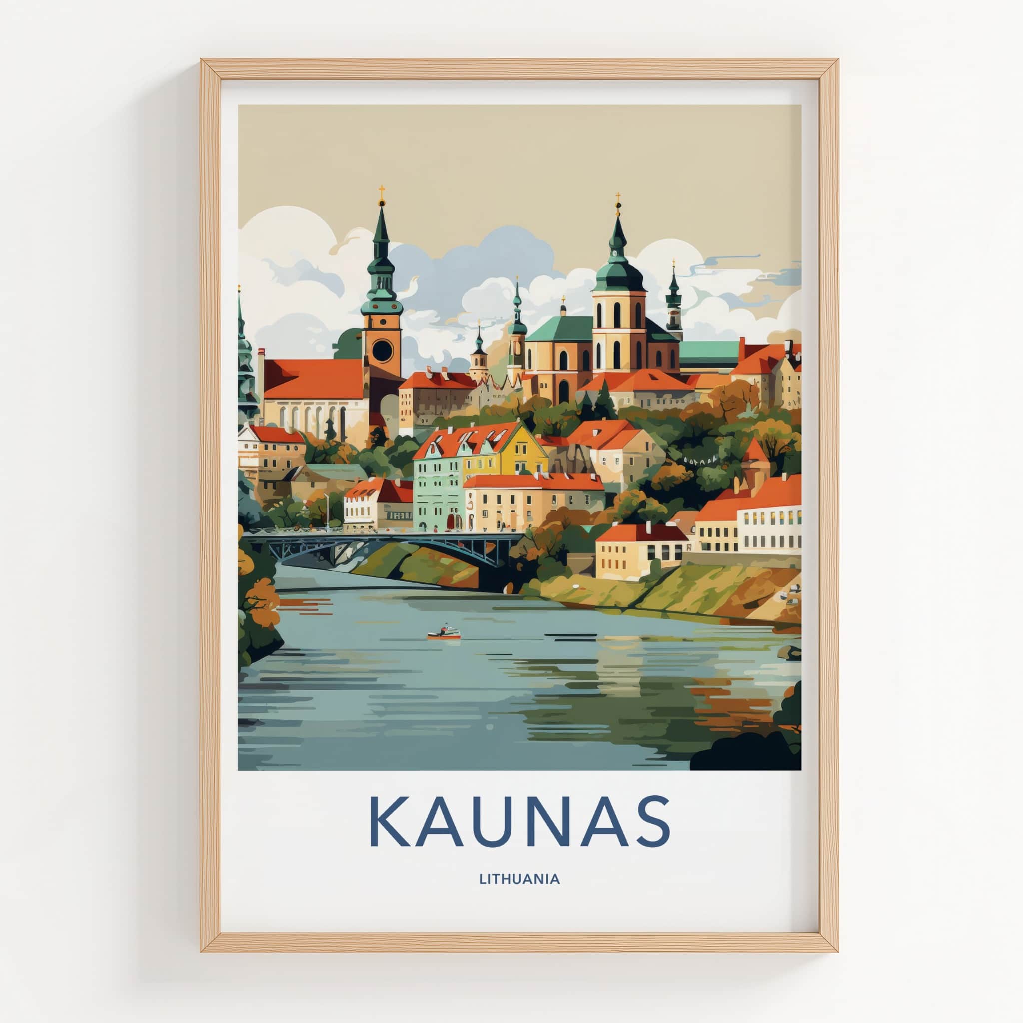 Kaunas Poster - Lithuania Travel Art - Riverfront City Spire Wall Decor