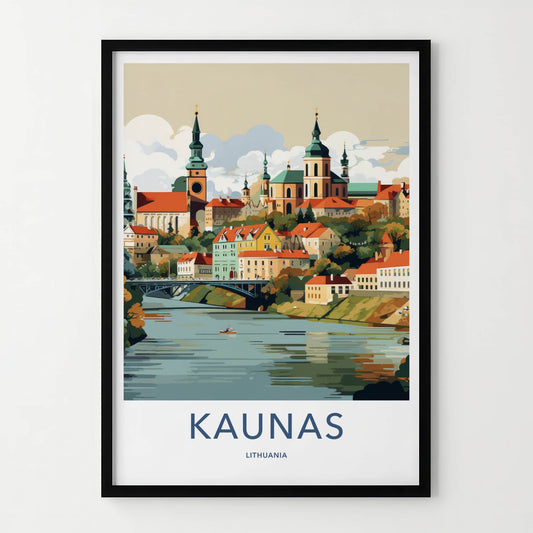 Kaunas Poster - Lithuania Travel Art - Riverfront City Spire Wall Decor