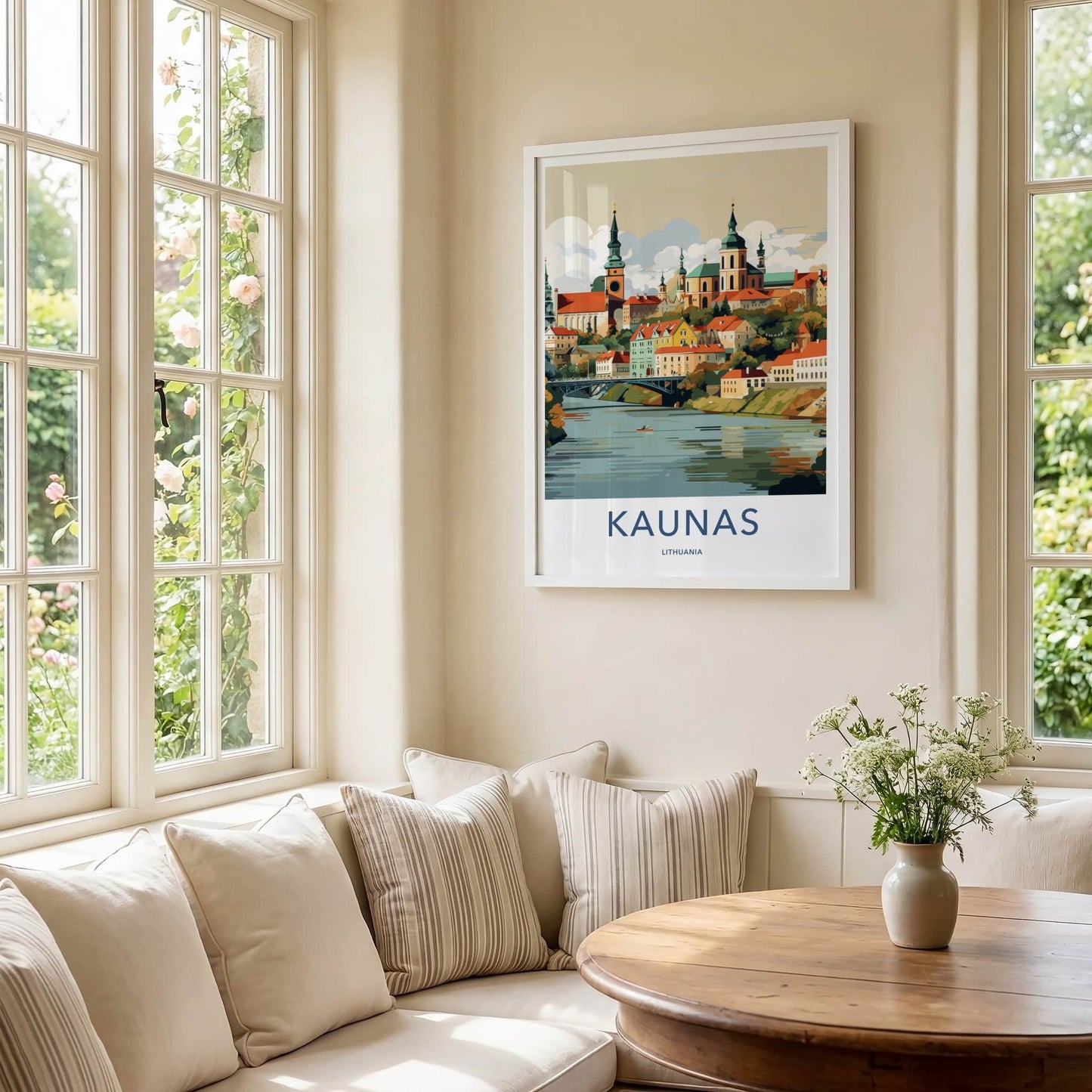 Kaunas Poster - Lithuania Travel Art - Riverfront City Spire Wall Decor