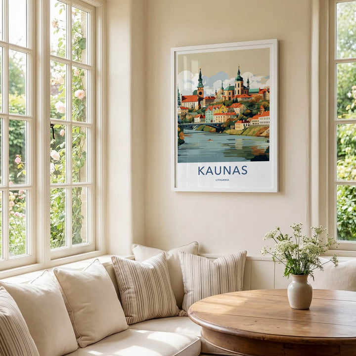 Kaunas Poster - Lithuania Travel Art - Riverfront City Spire Wall Decor