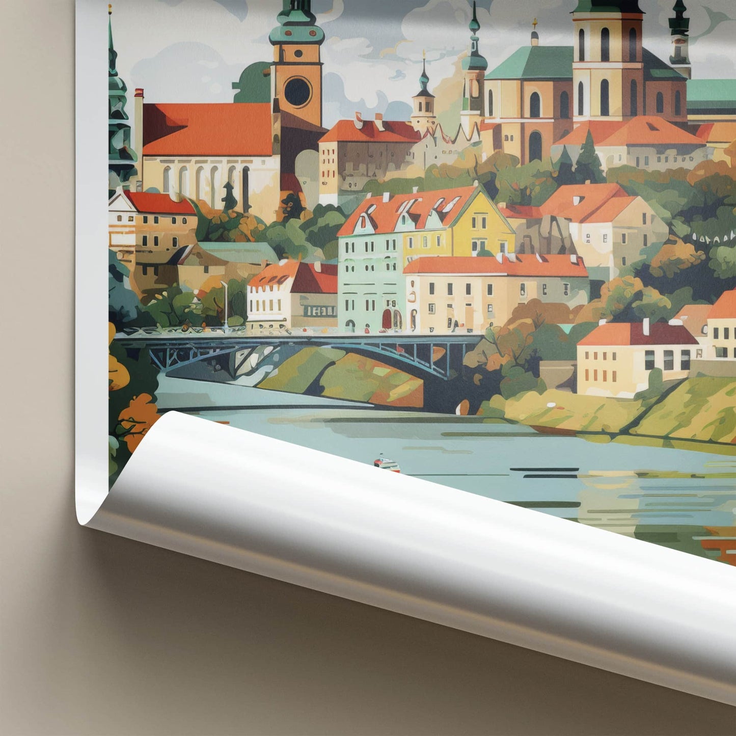 Kaunas Poster - Lithuania Travel Art - Riverfront City Spire Wall Decor