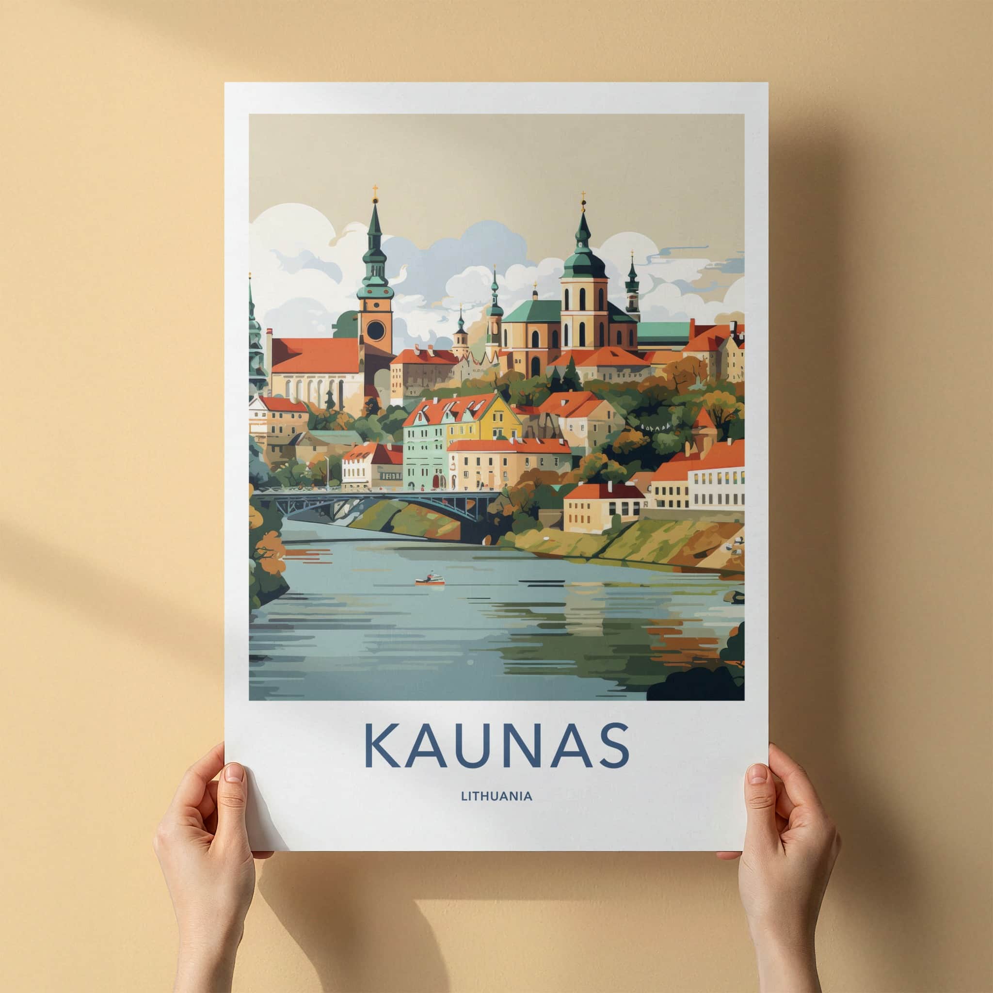 Kaunas Poster - Lithuania Travel Art - Riverfront City Spire Wall Decor