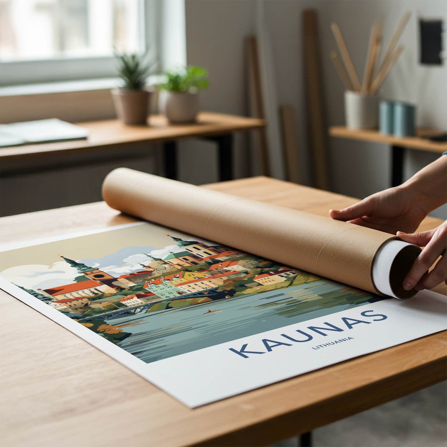 Kaunas Poster - Lithuania Travel Art - Riverfront City Spire Wall Decor