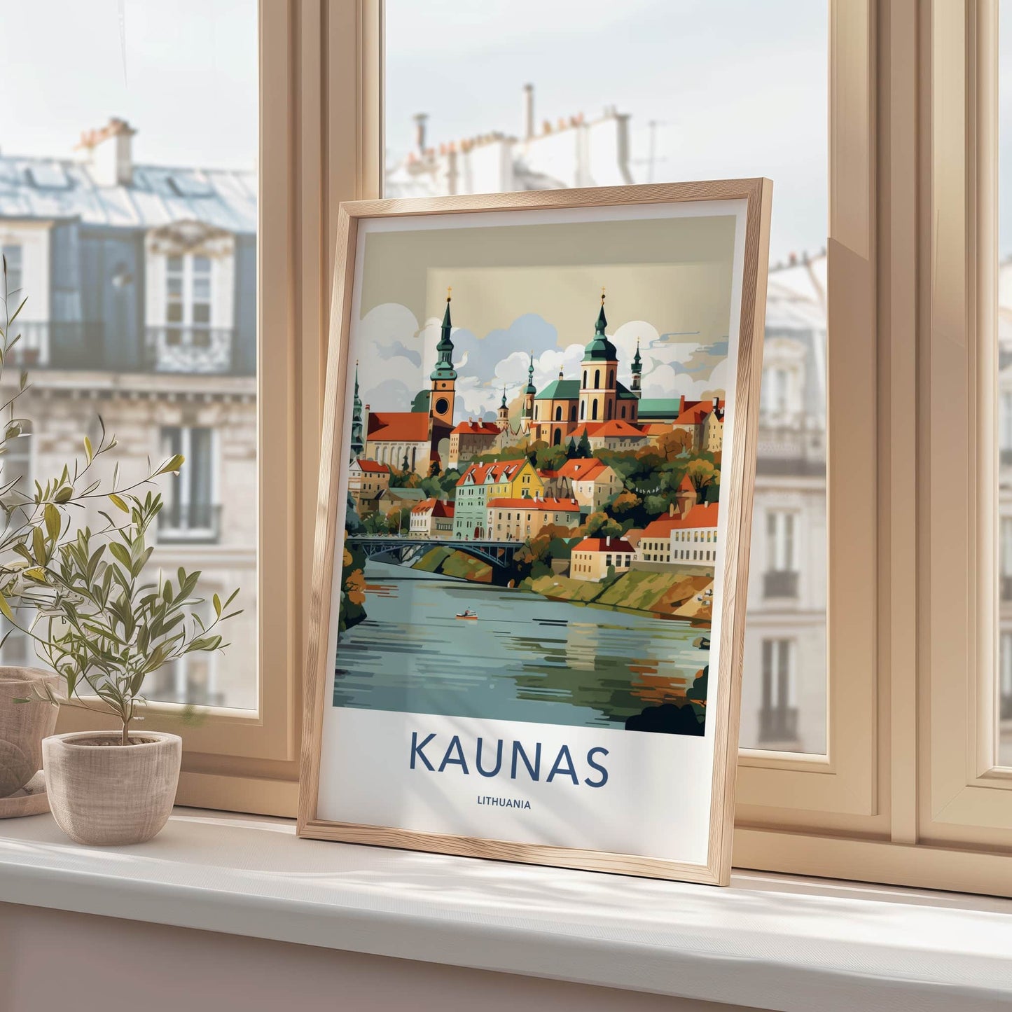 Kaunas Poster - Lithuania Travel Art - Riverfront City Spire Wall Decor