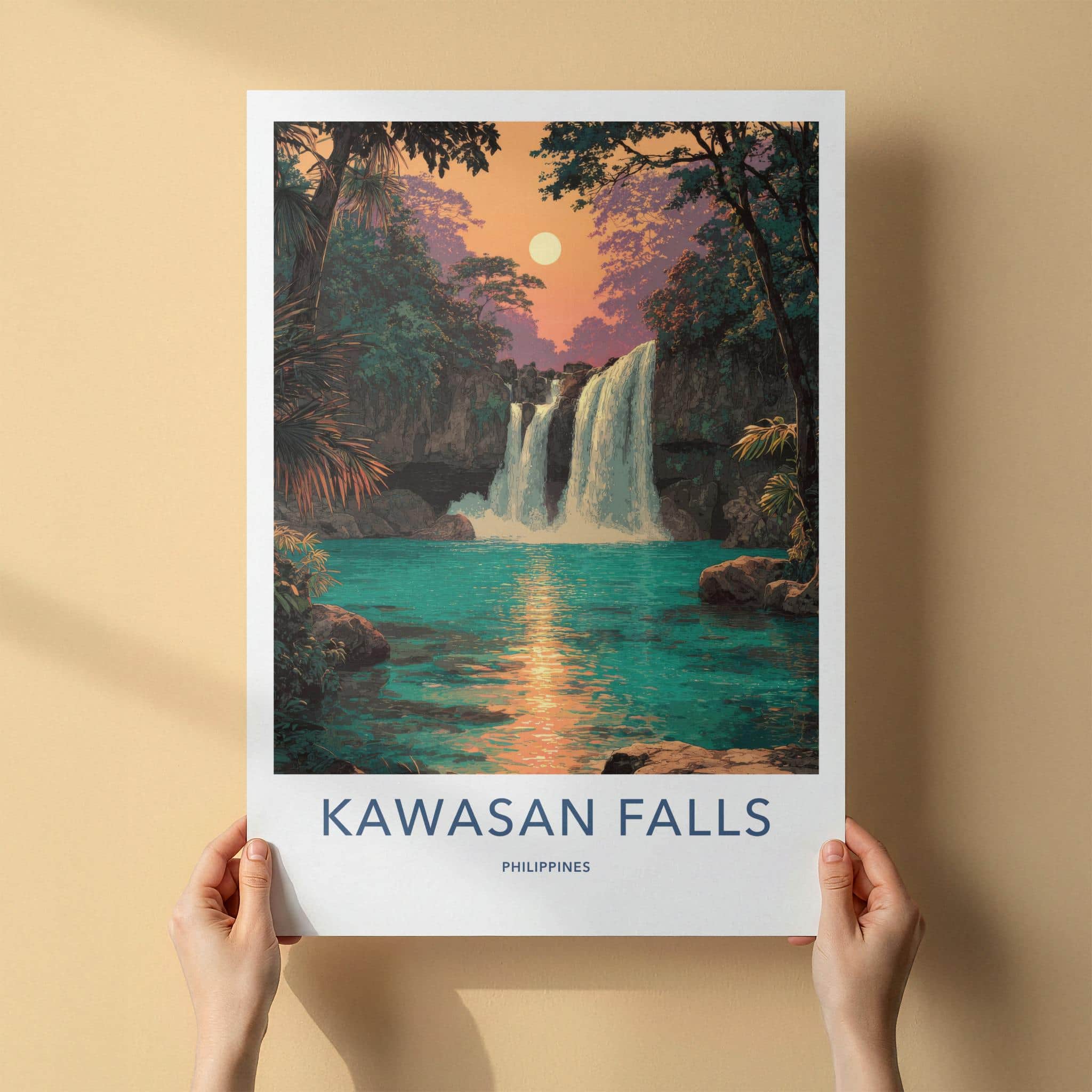Kawasan Falls Poster - Philippines Travel Art - Lush Waterfall Sunset Home Decor