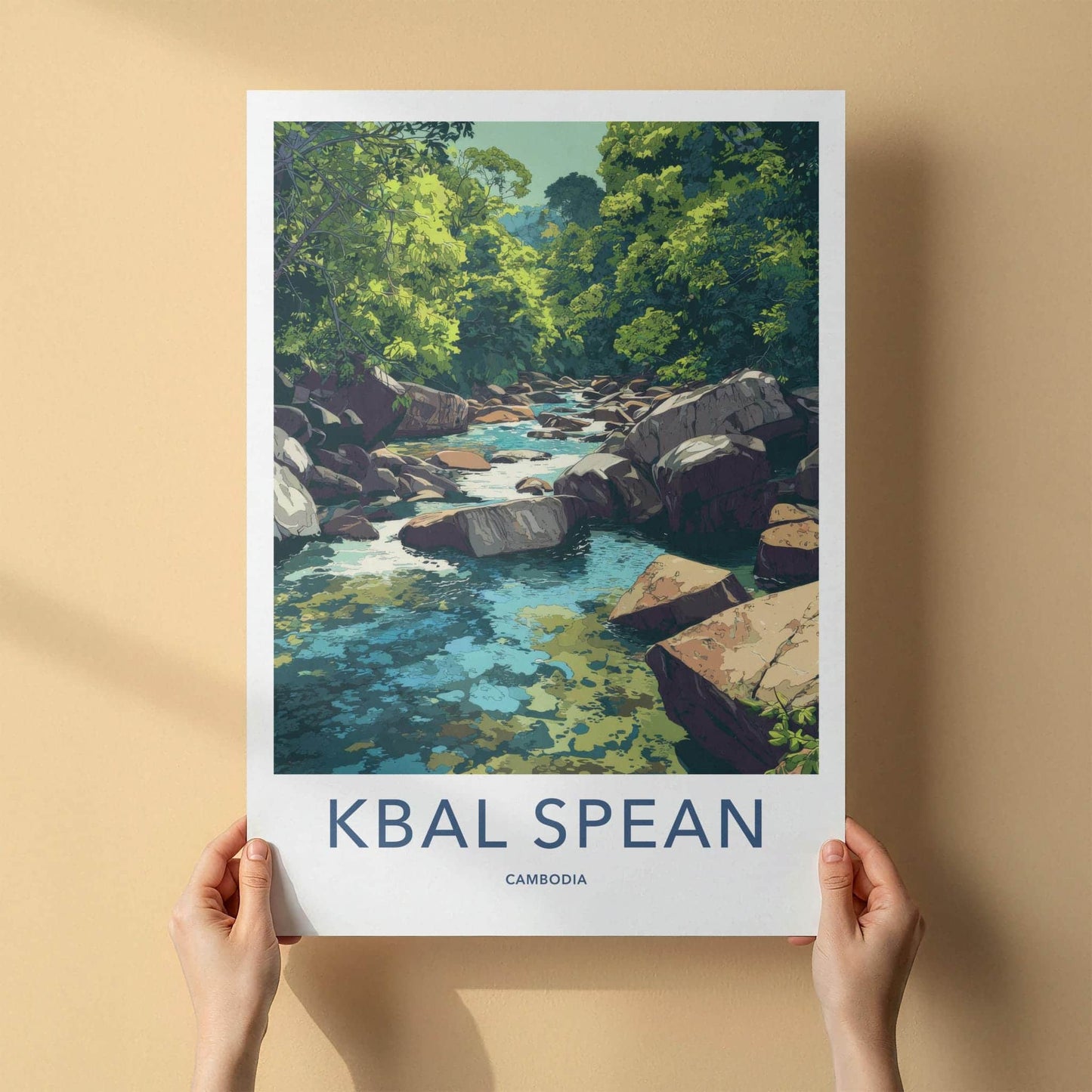 Kbal Spean Poster - Cambodia Travel Art - Lush River Rocks Home Decor