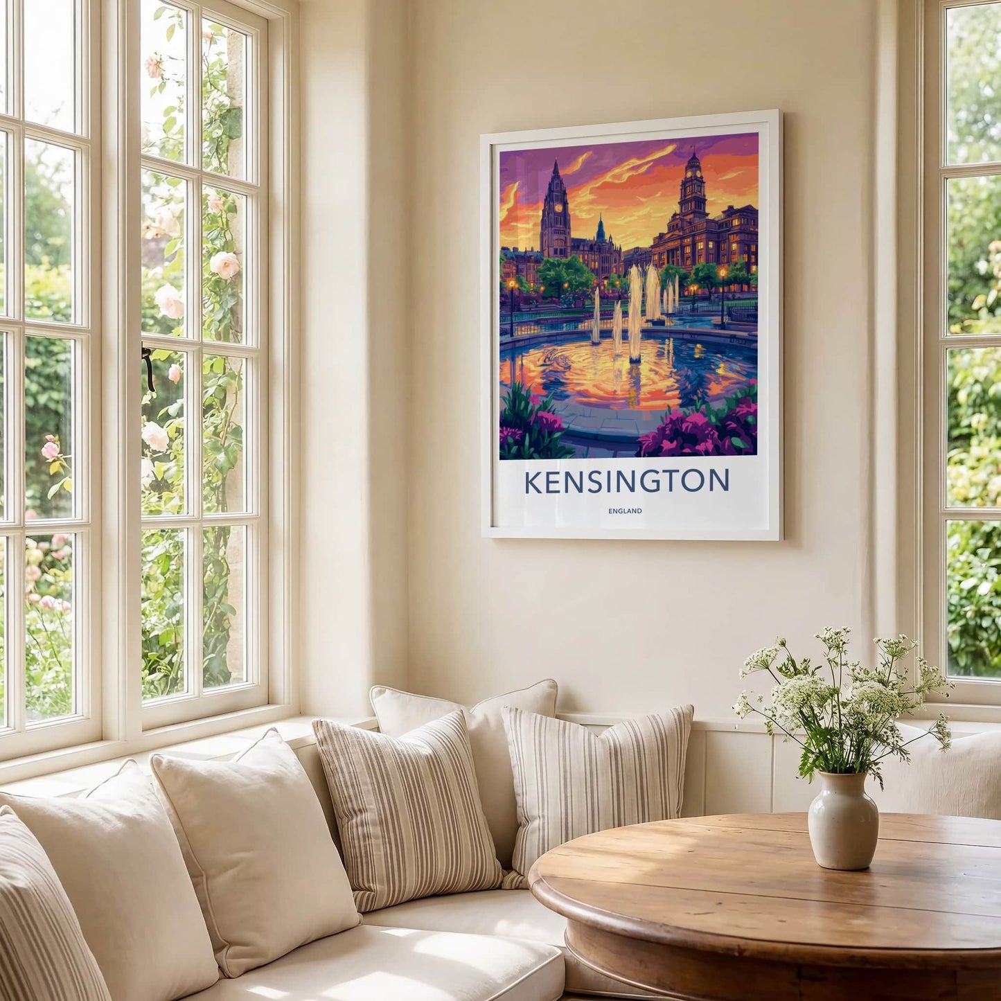 Kensington Poster - England Travel Art - Vibrant Sunset Fountain Home Decor