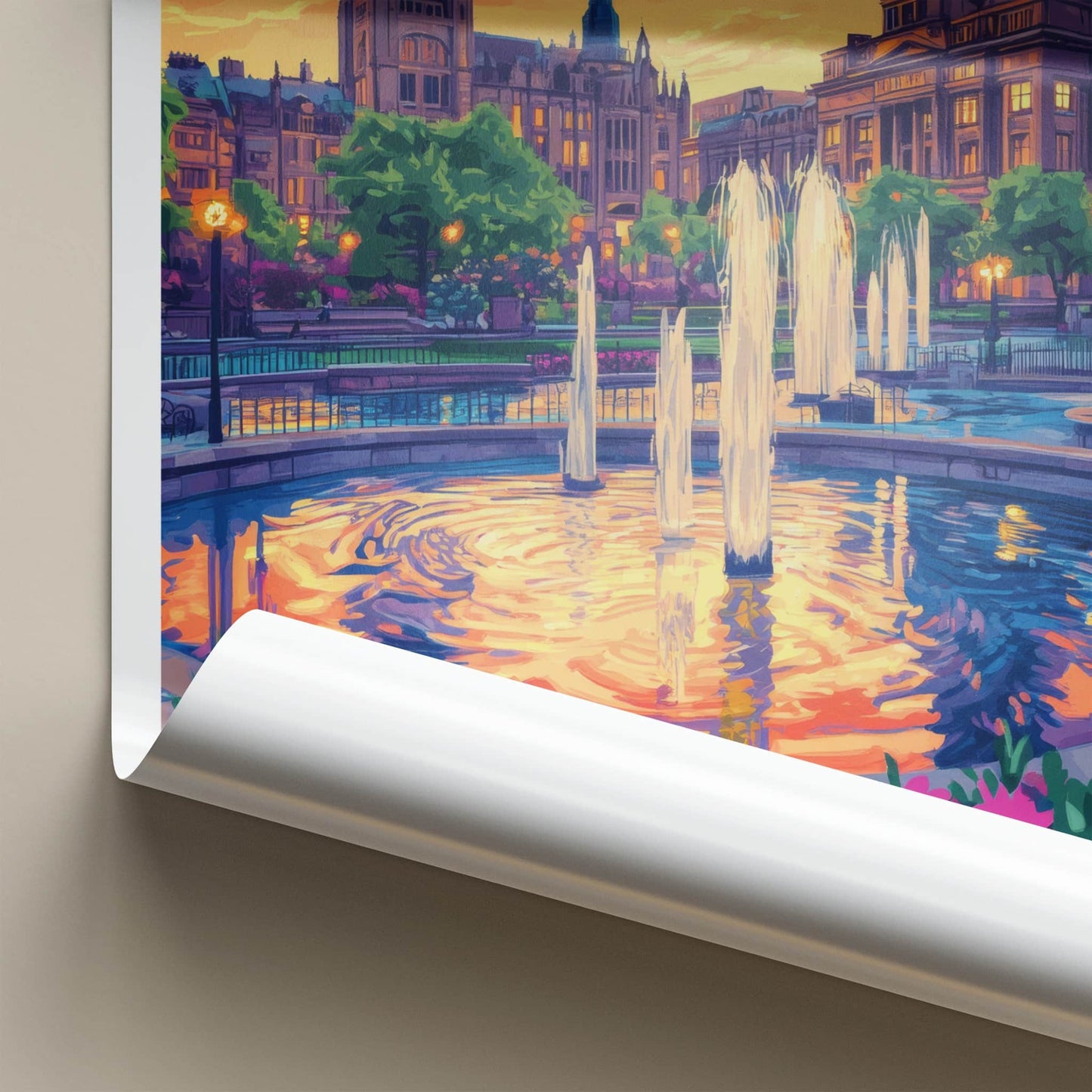 Kensington Poster - England Travel Art - Vibrant Sunset Fountain Home Decor