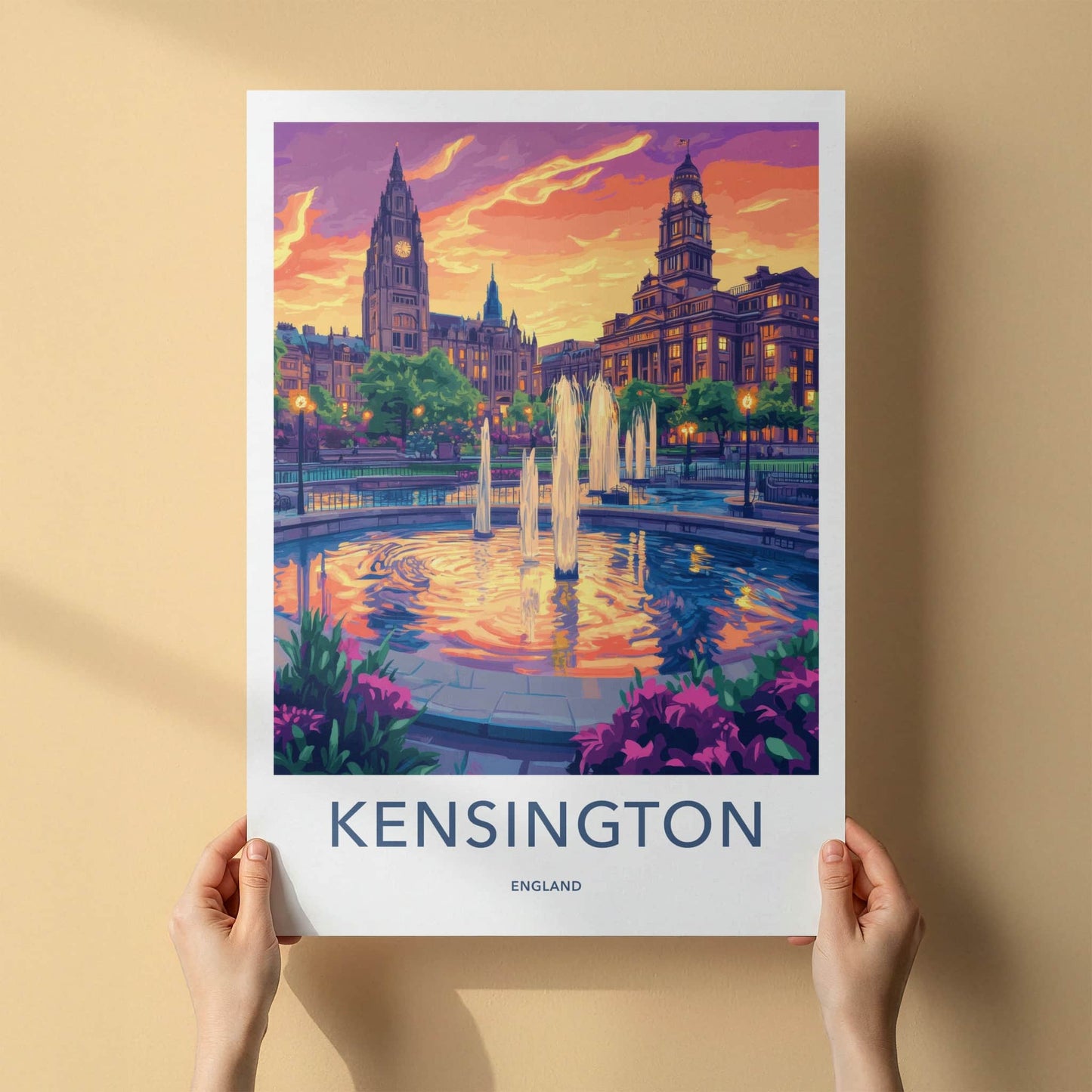 Kensington Poster - England Travel Art - Vibrant Sunset Fountain Home Decor