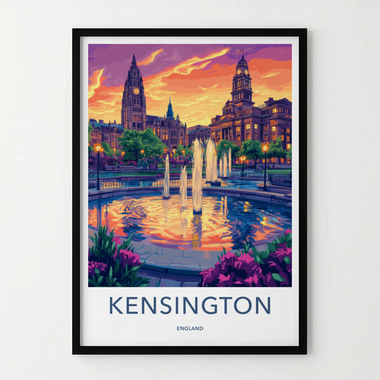 Kensington Poster - England Travel Art - Vibrant Sunset Fountain Home Decor