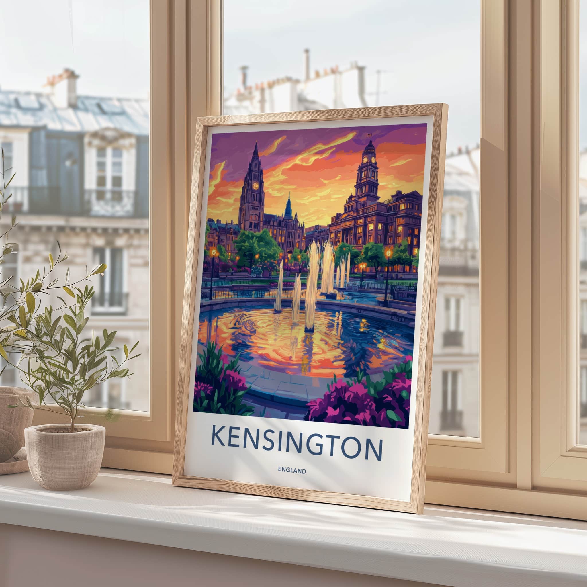 Kensington Poster - England Travel Art - Vibrant Sunset Fountain Home Decor