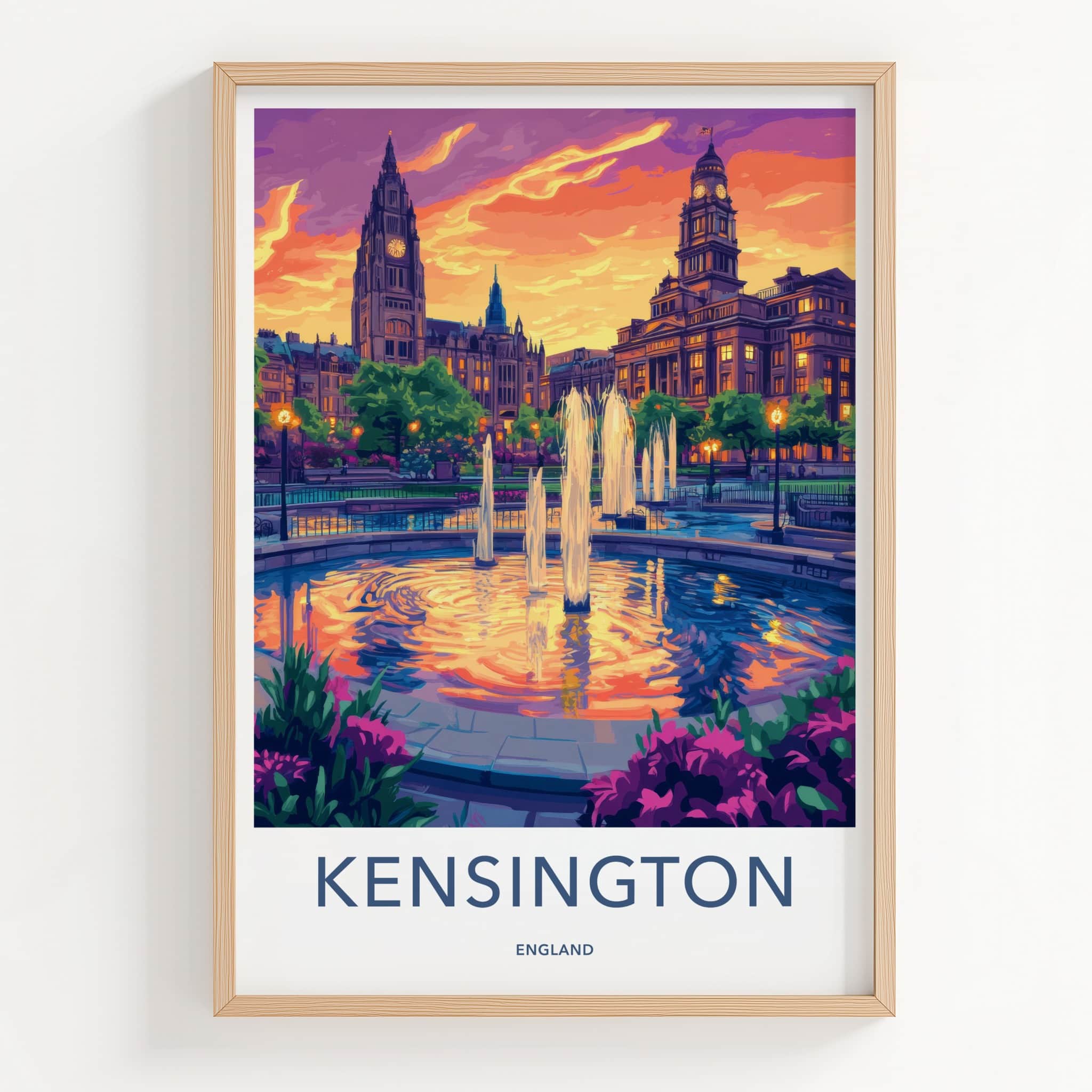 Kensington Poster - England Travel Art - Vibrant Sunset Fountain Home Decor