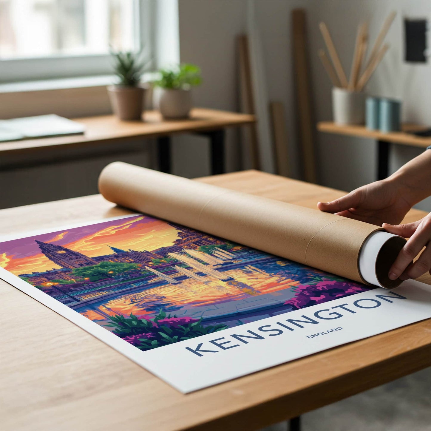 Kensington Poster - England Travel Art - Vibrant Sunset Fountain Home Decor