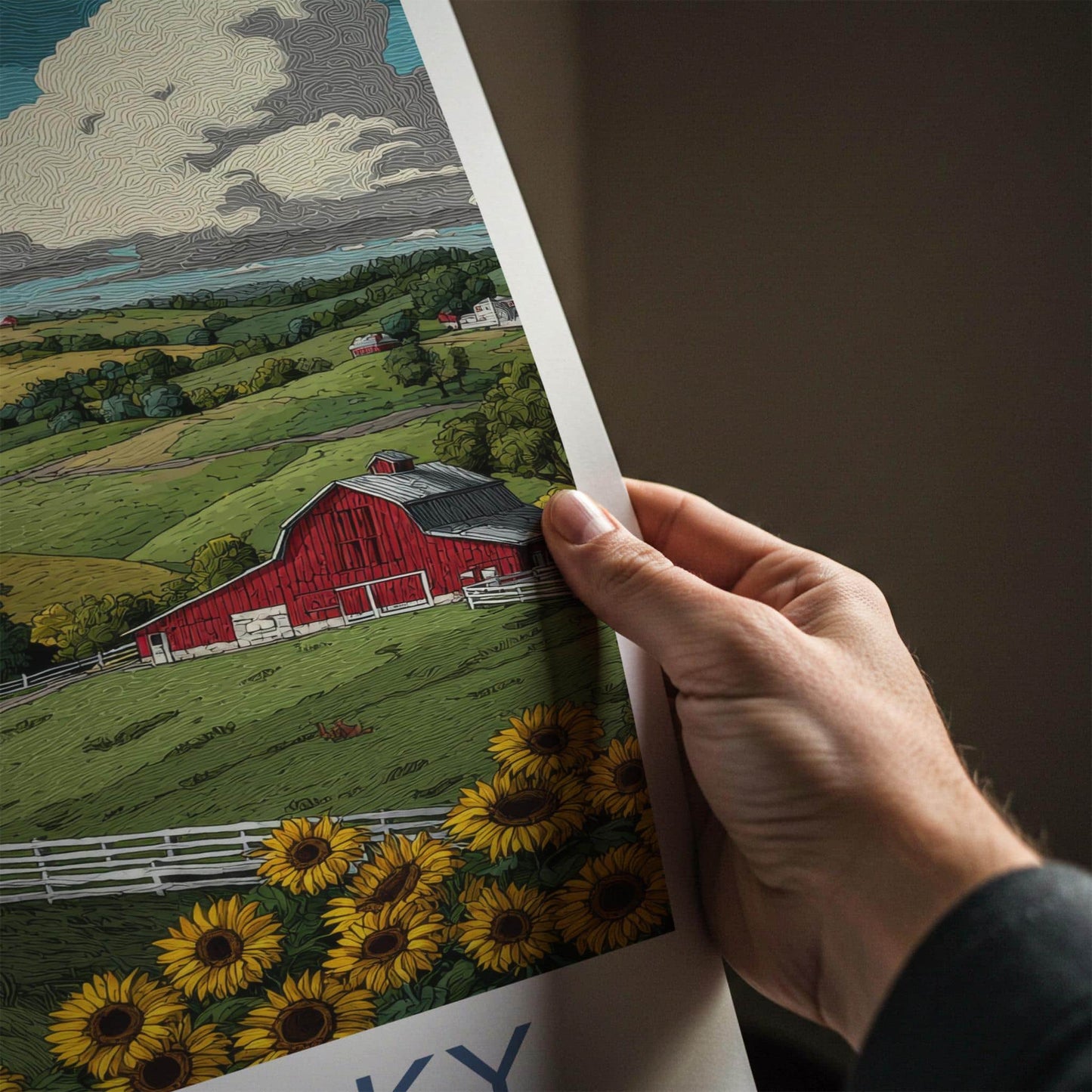 Kentucky Poster - Kentucky Travel Art - Red Barn Sunflowers Home Decor