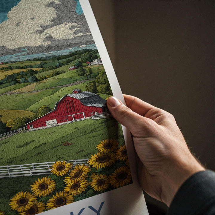 Kentucky Poster - Kentucky Travel Art - Red Barn Sunflowers Home Decor