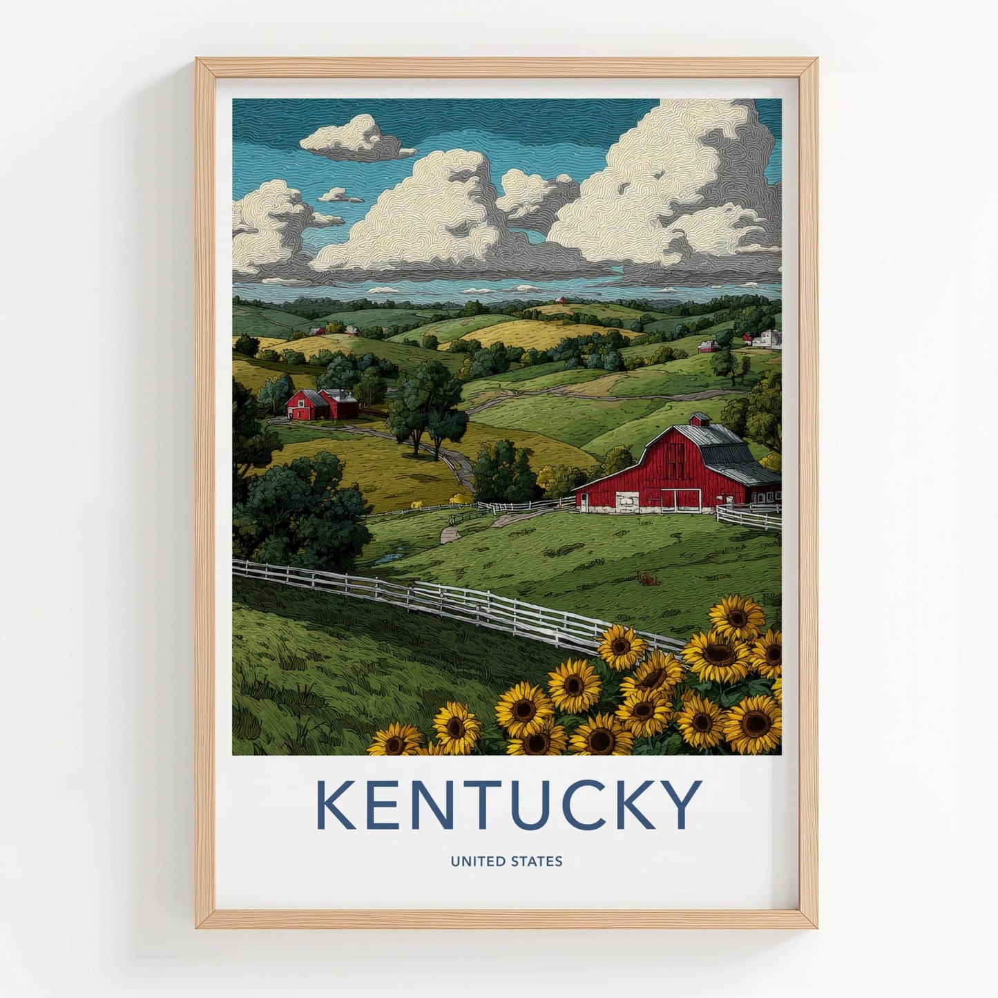 Kentucky Poster - Kentucky Travel Art - Red Barn Sunflowers Home Decor