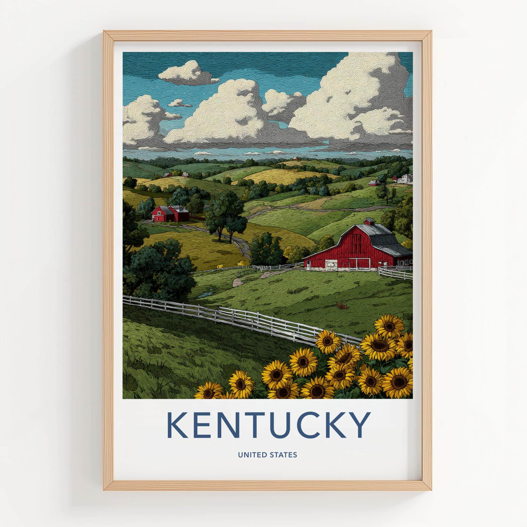 Kentucky Poster - Kentucky Travel Art - Red Barn Sunflowers Home Decor