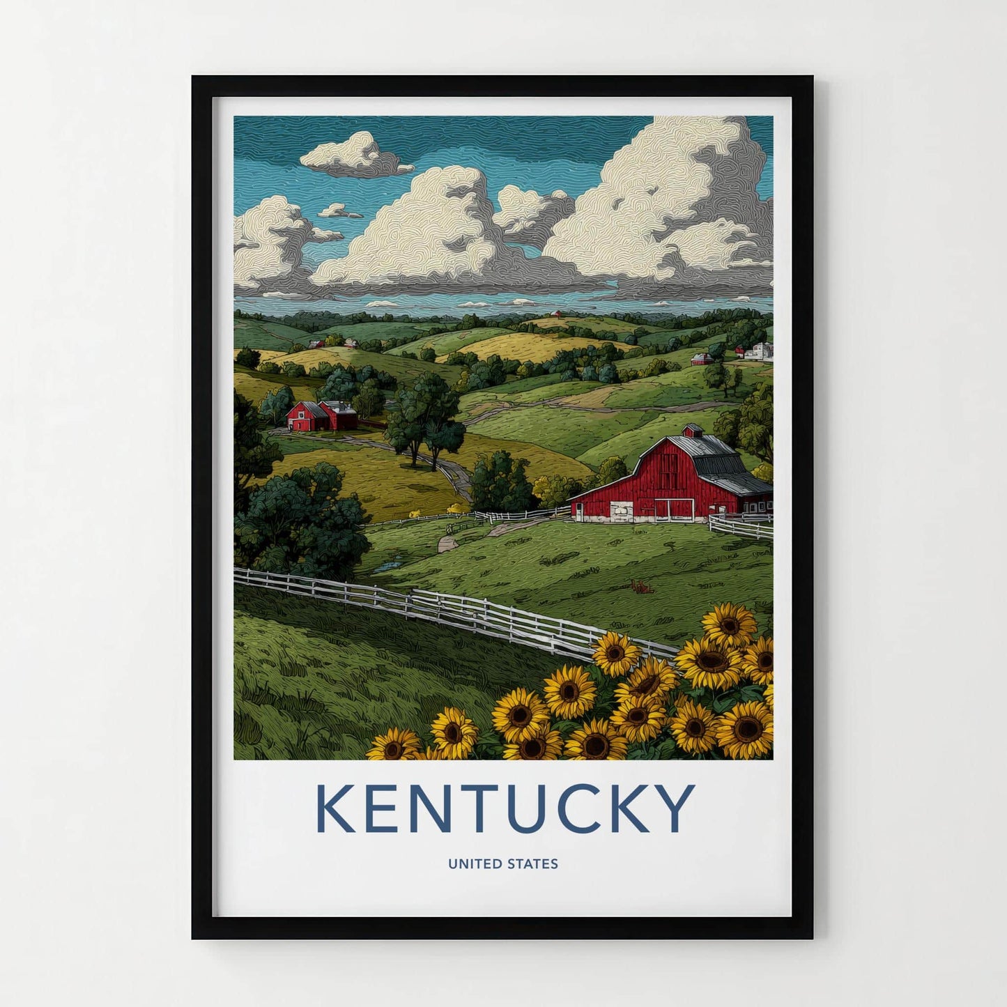 Kentucky Poster - Kentucky Travel Art - Red Barn Sunflowers Home Decor