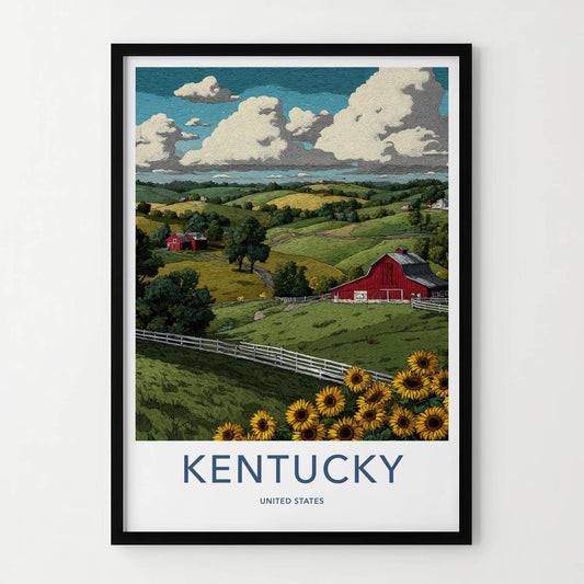 Kentucky Poster - Kentucky Travel Art - Red Barn Sunflowers Home Decor