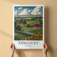 Kentucky Poster - Kentucky Travel Art - Red Barn Sunflowers Home Decor