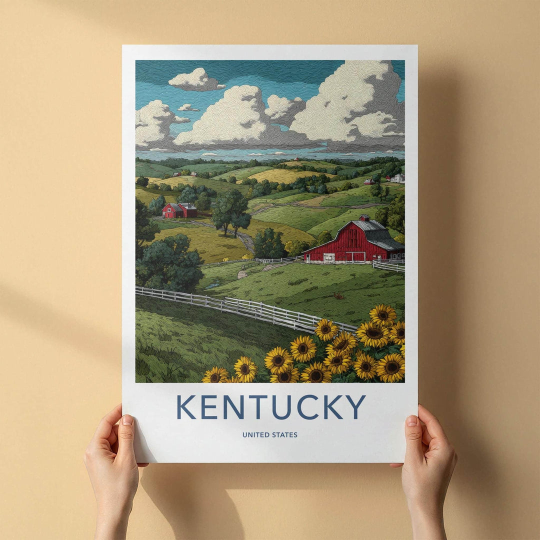 Kentucky Poster - Kentucky Travel Art - Red Barn Sunflowers Home Decor