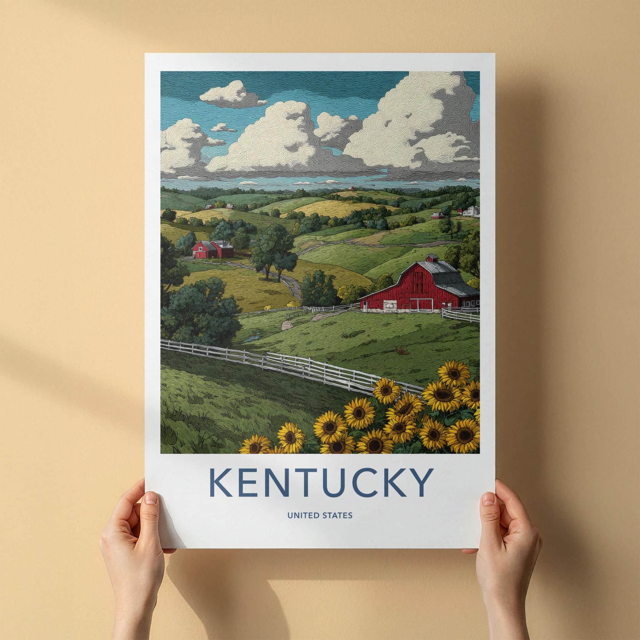 Kentucky Poster - Kentucky Travel Art - Red Barn Sunflowers Home Decor