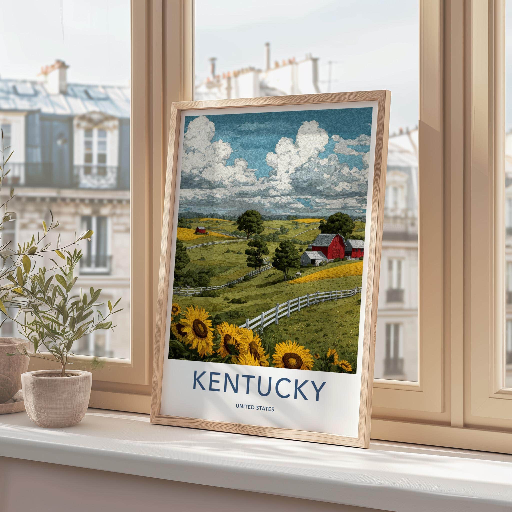 Kentucky Poster - Kentucky Travel Art - Rural Barn Sunflowers Home Decor