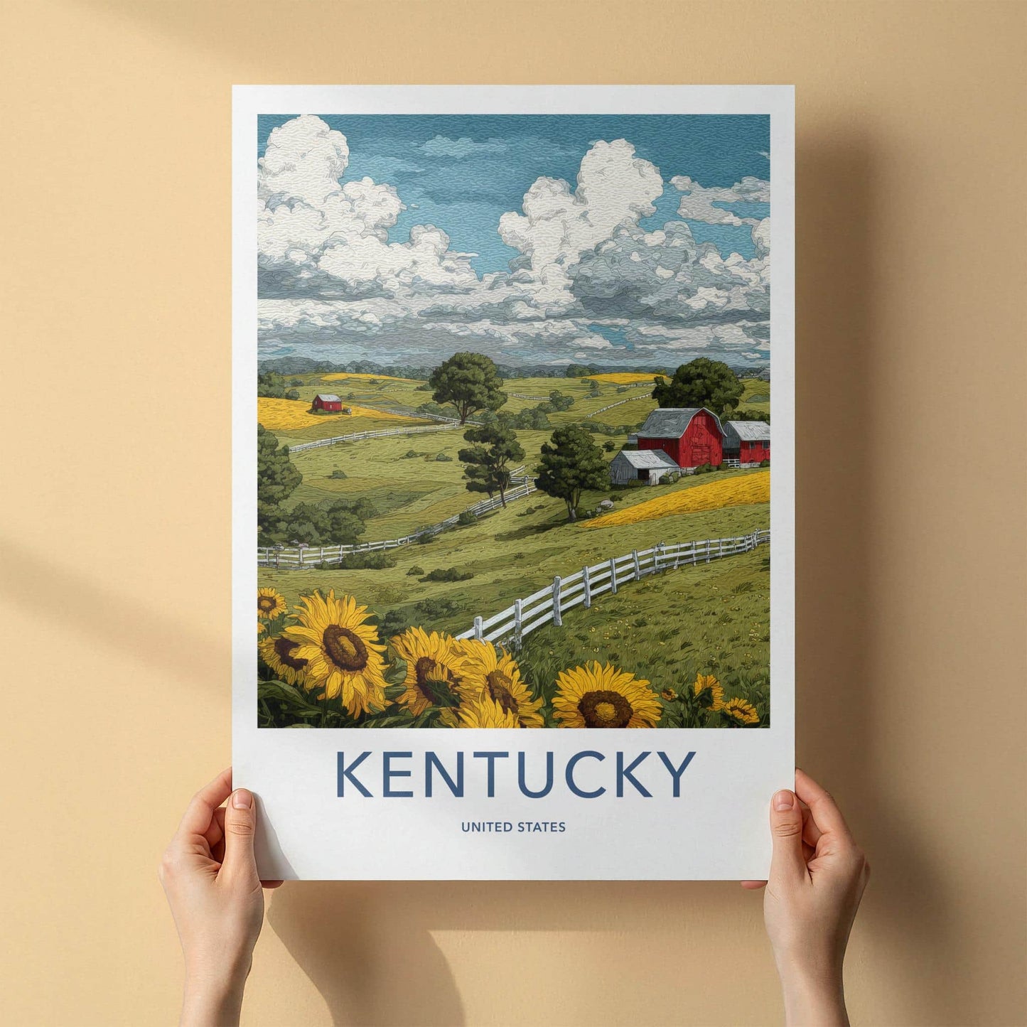Kentucky Poster - Kentucky Travel Art - Rural Barn Sunflowers Home Decor