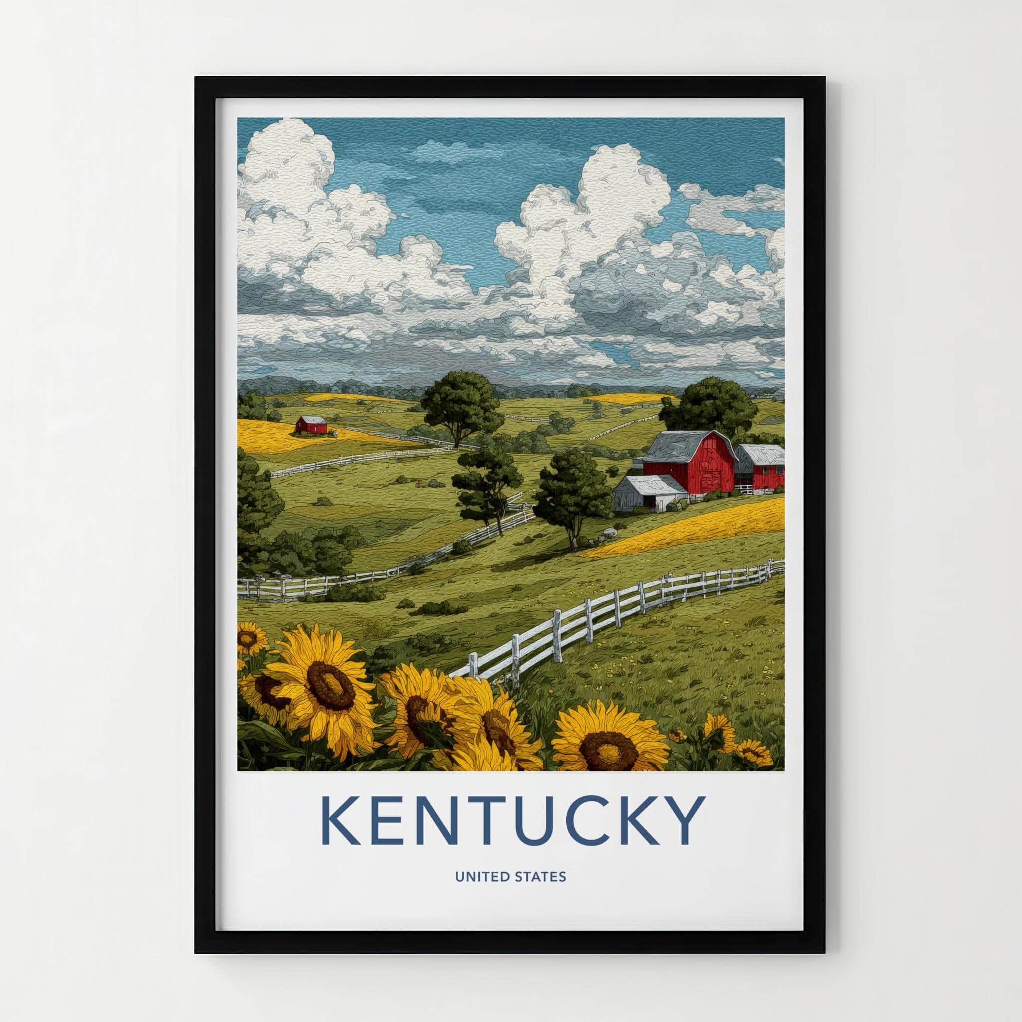 Kentucky Poster - Kentucky Travel Art - Rural Barn Sunflowers Home Decor