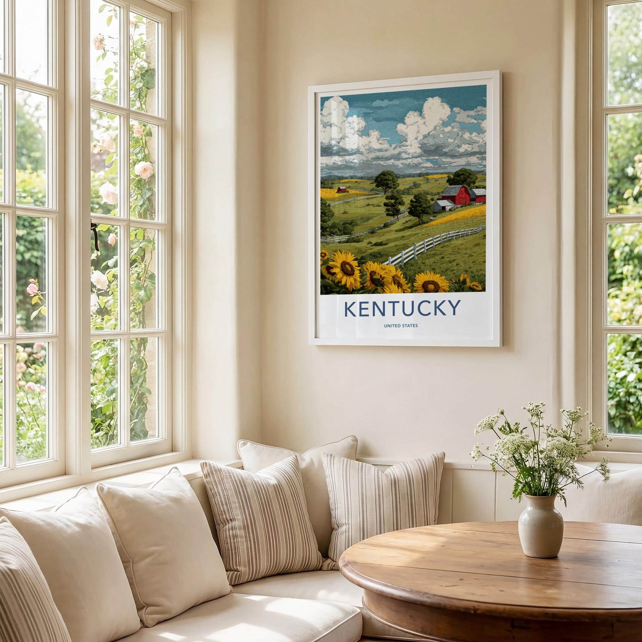 Kentucky Poster - Kentucky Travel Art - Rural Barn Sunflowers Home Decor