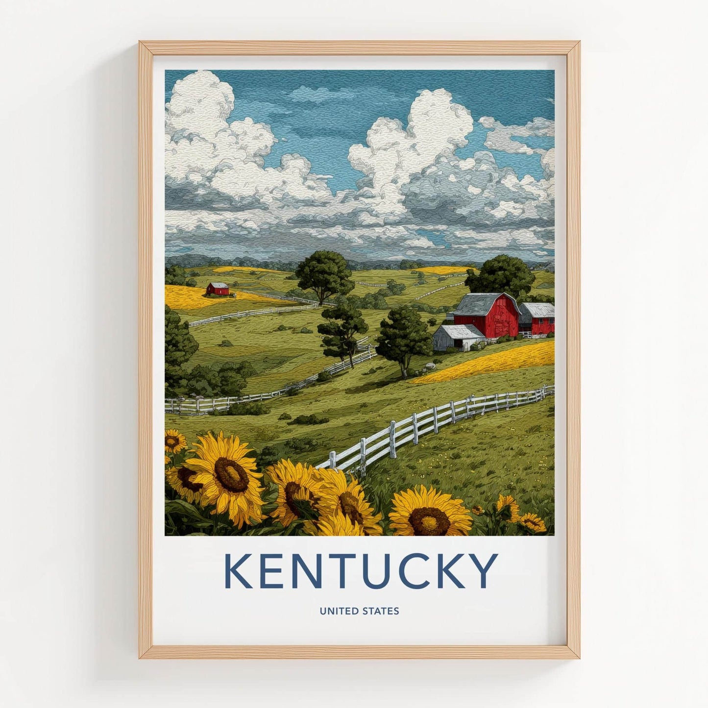 Kentucky Poster - Kentucky Travel Art - Rural Barn Sunflowers Home Decor