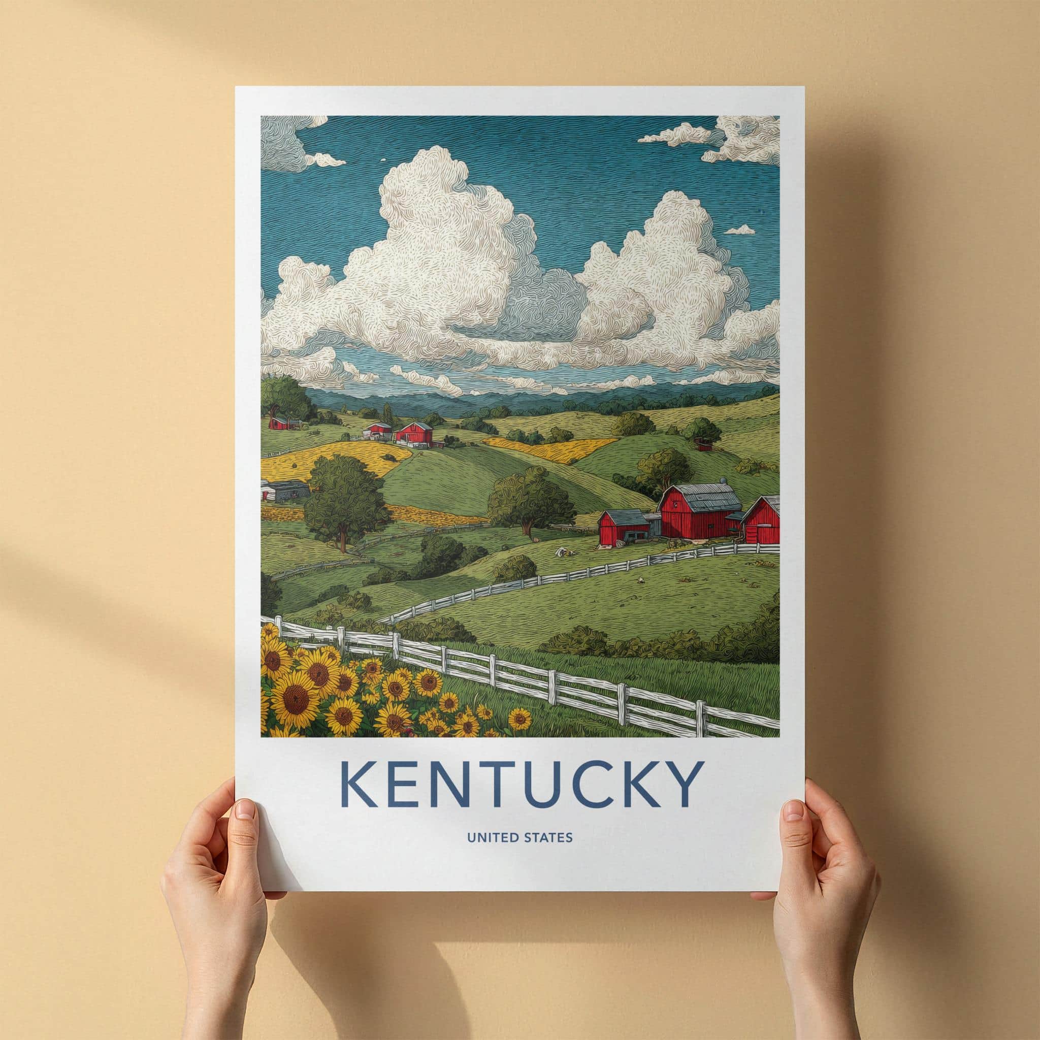 Kentucky Poster - Kentucky Wall Art - Red Barns Sunflowers Wall Decor