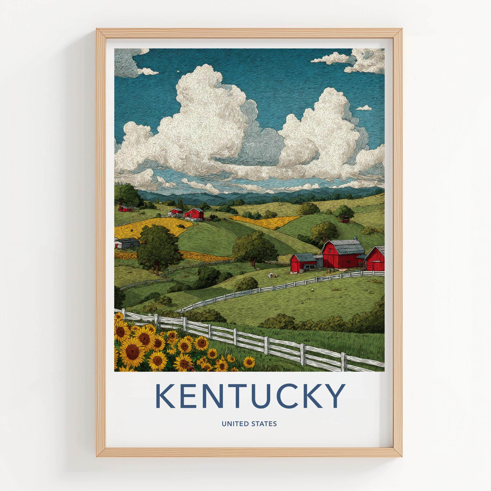 Kentucky Poster - Kentucky Wall Art - Red Barns Sunflowers Wall Decor