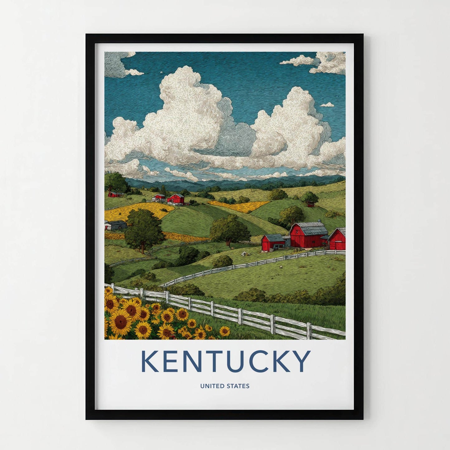 Kentucky Poster - Kentucky Wall Art - Red Barns Sunflowers Wall Decor
