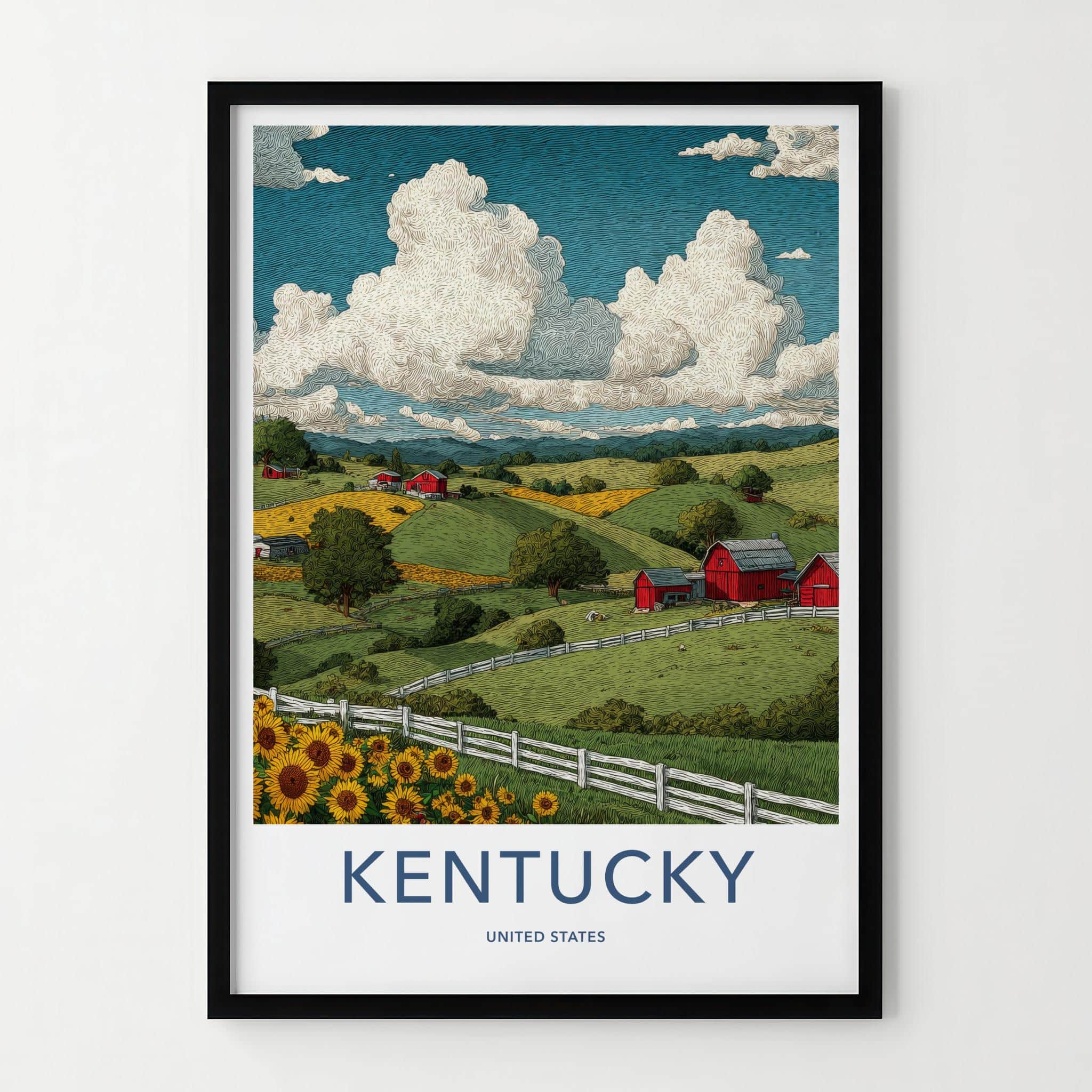 Kentucky Poster - Kentucky Wall Art - Red Barns Sunflowers Wall Decor