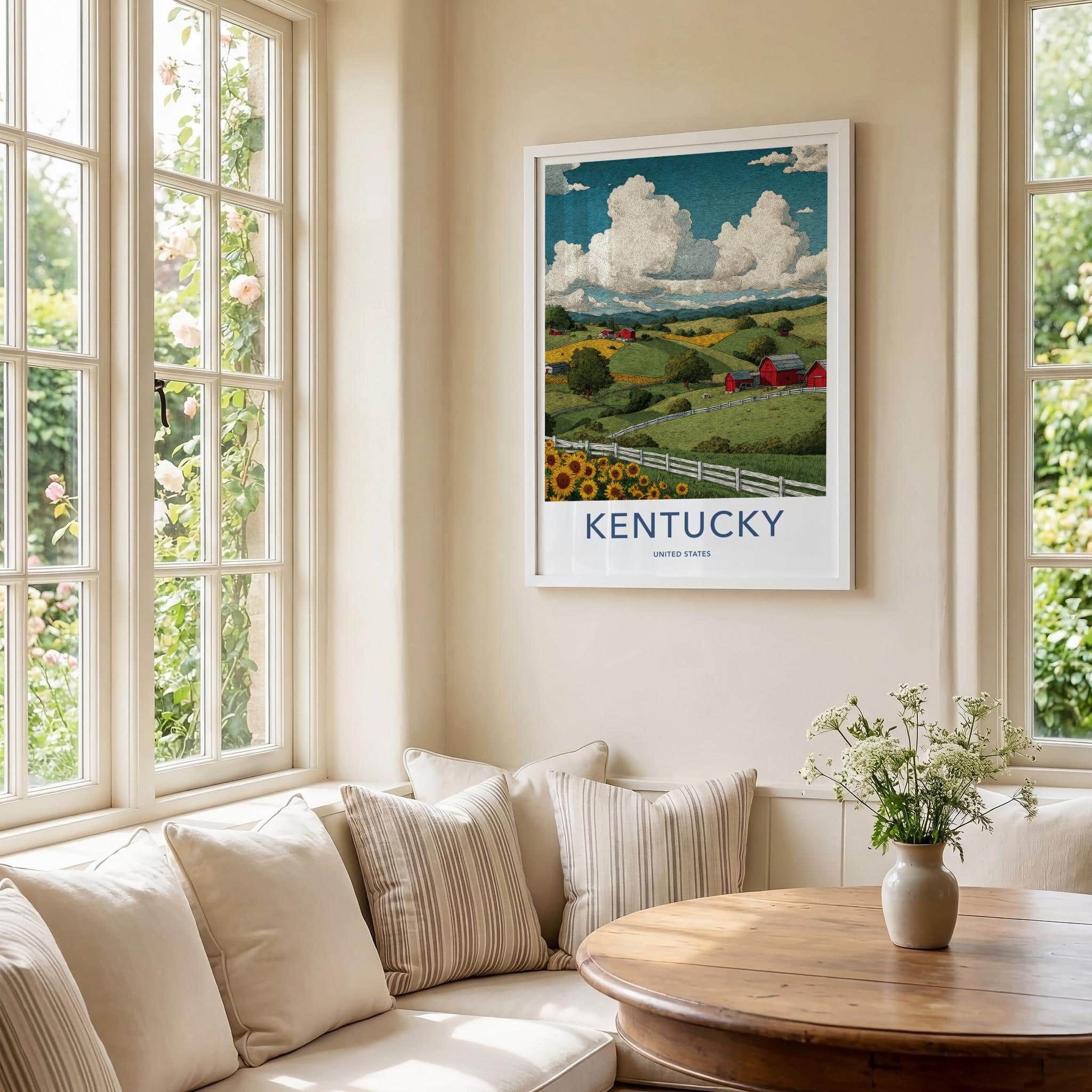 Kentucky Poster - Kentucky Wall Art - Red Barns Sunflowers Wall Decor