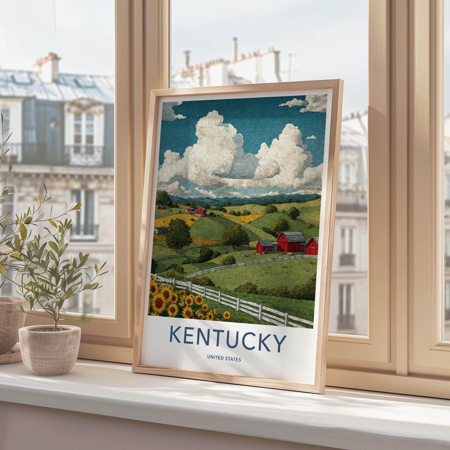 Kentucky Poster - Kentucky Wall Art - Red Barns Sunflowers Wall Decor