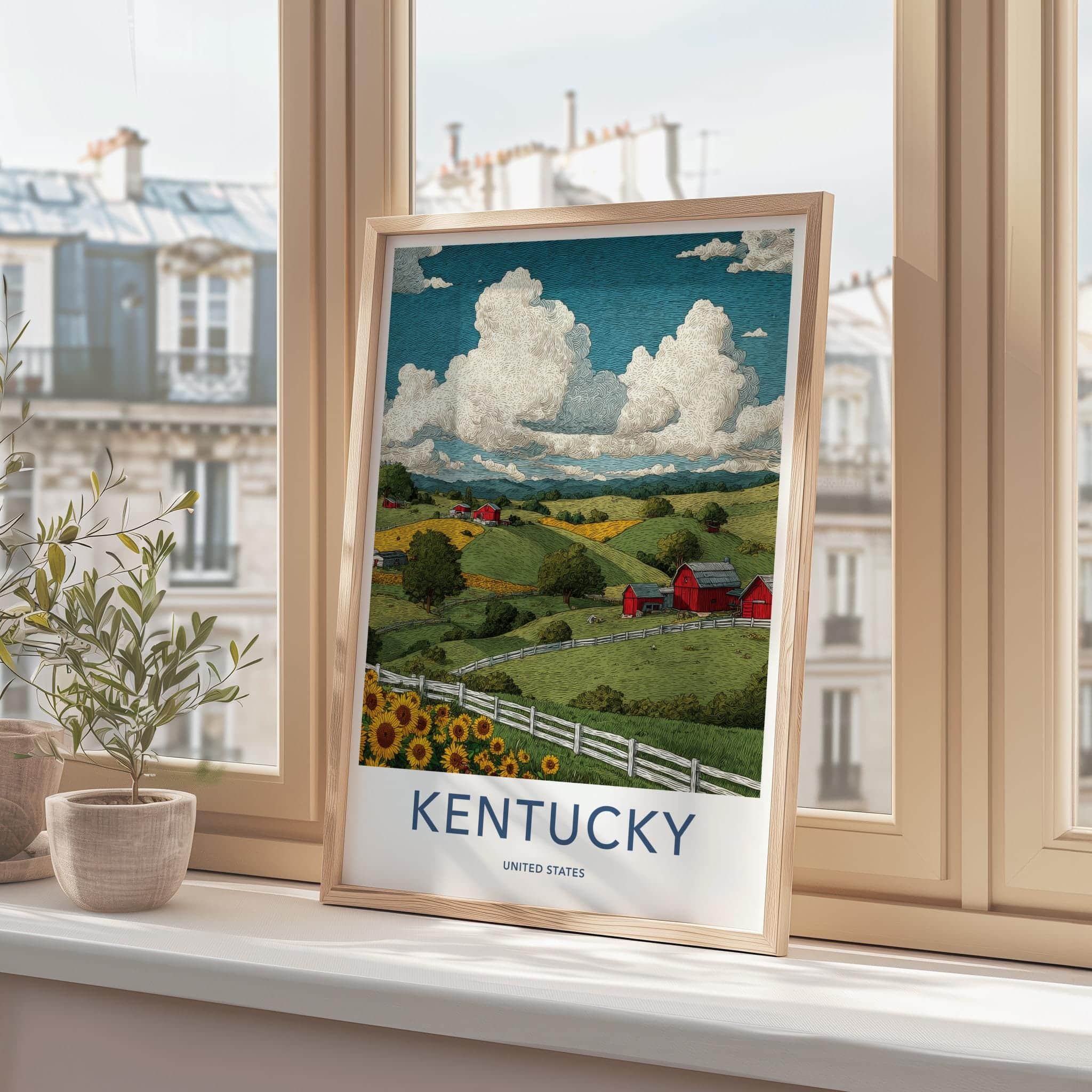 Kentucky Poster - Kentucky Wall Art - Red Barns Sunflowers Wall Decor