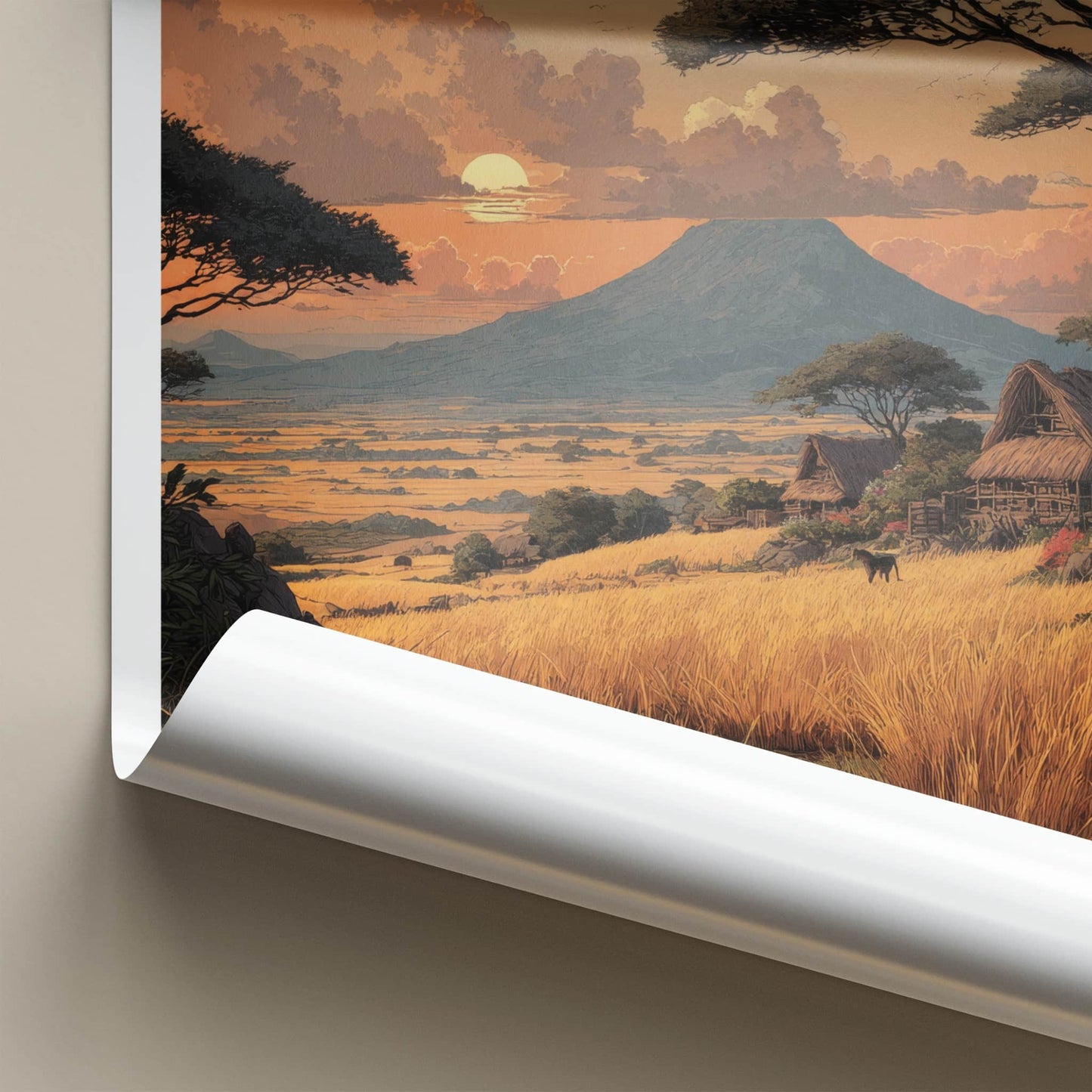 Kenya Poster - Africa Travel Art - Mountain Sunset Village Home Decor