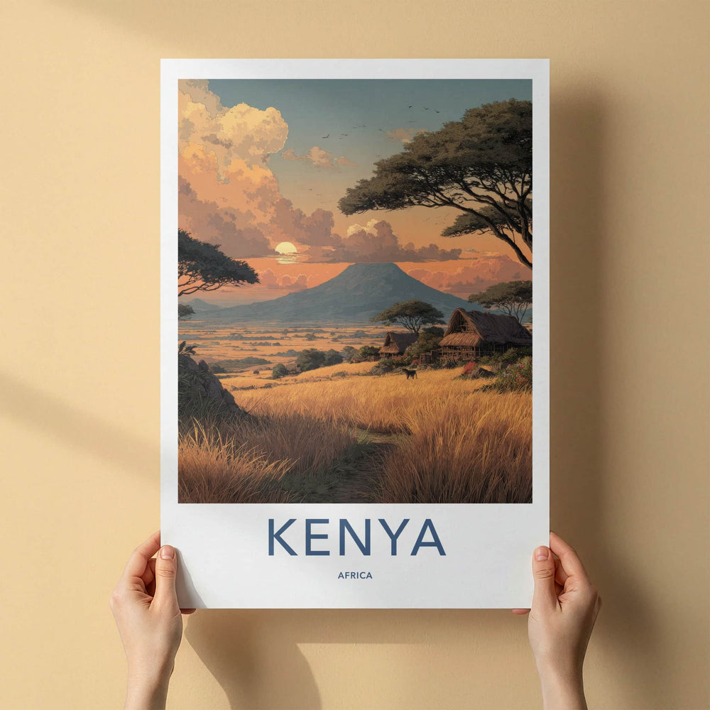 Kenya Poster - Africa Travel Art - Mountain Sunset Village Home Decor