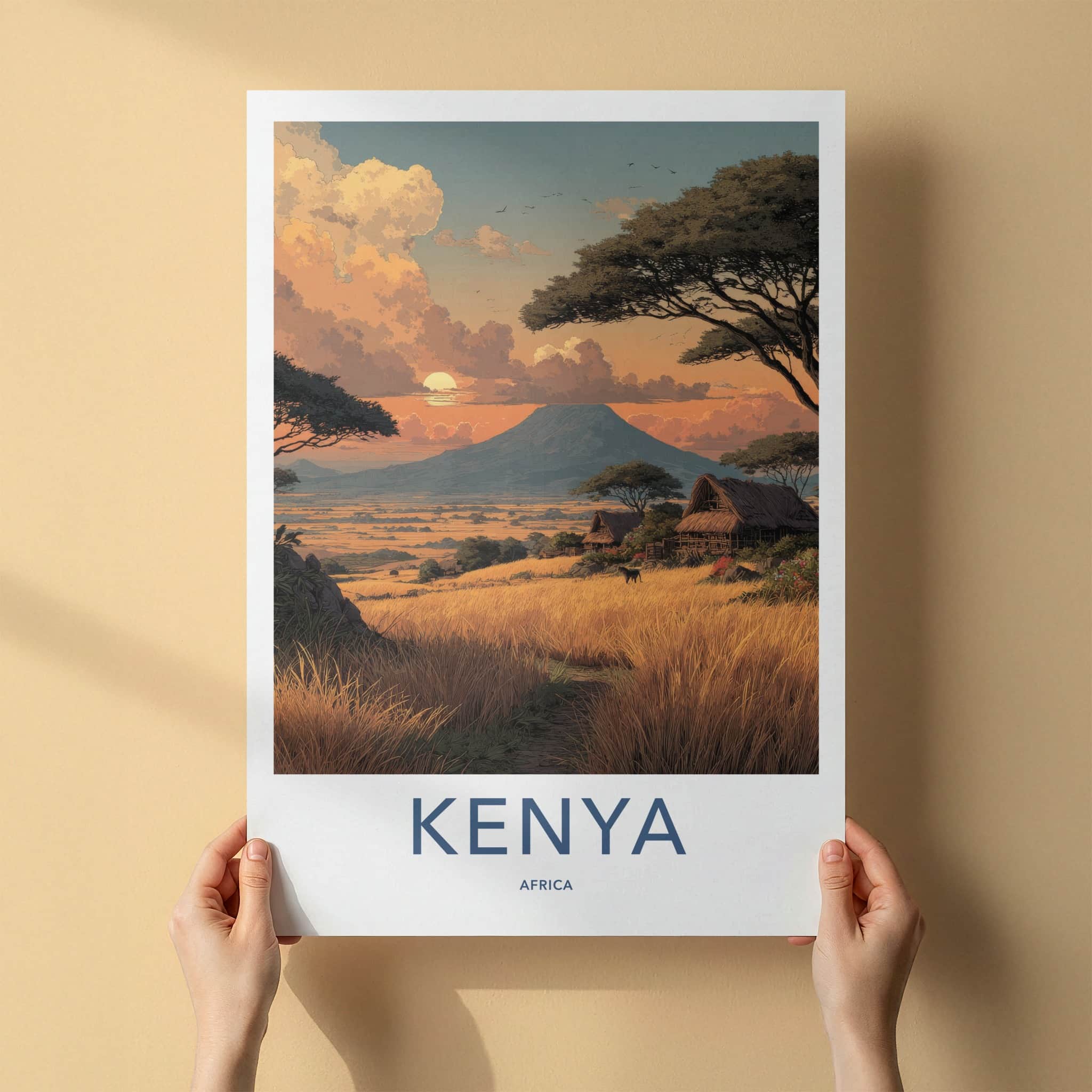 Kenya Poster - Africa Travel Art - Mountain Sunset Village Home Decor