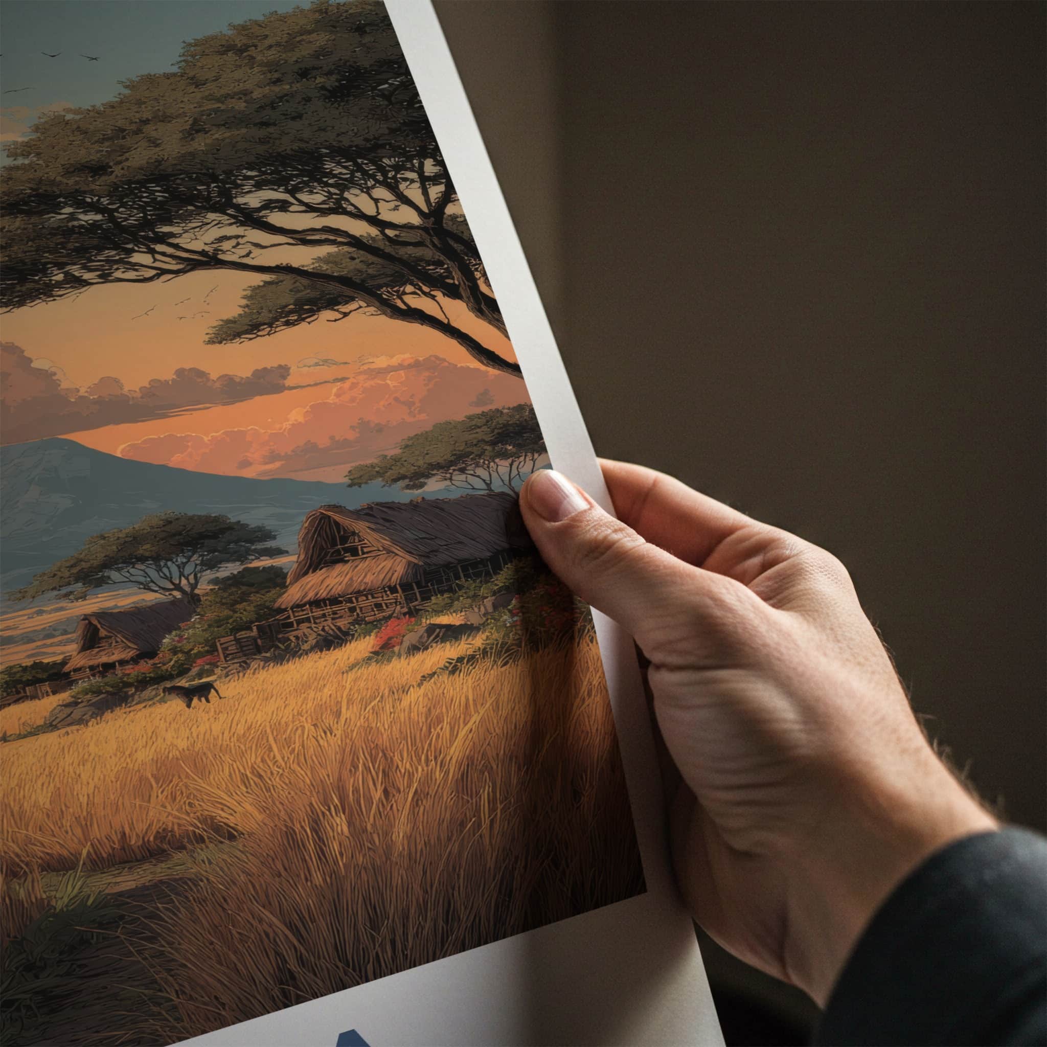 Kenya Poster - Africa Travel Art - Mountain Sunset Village Home Decor
