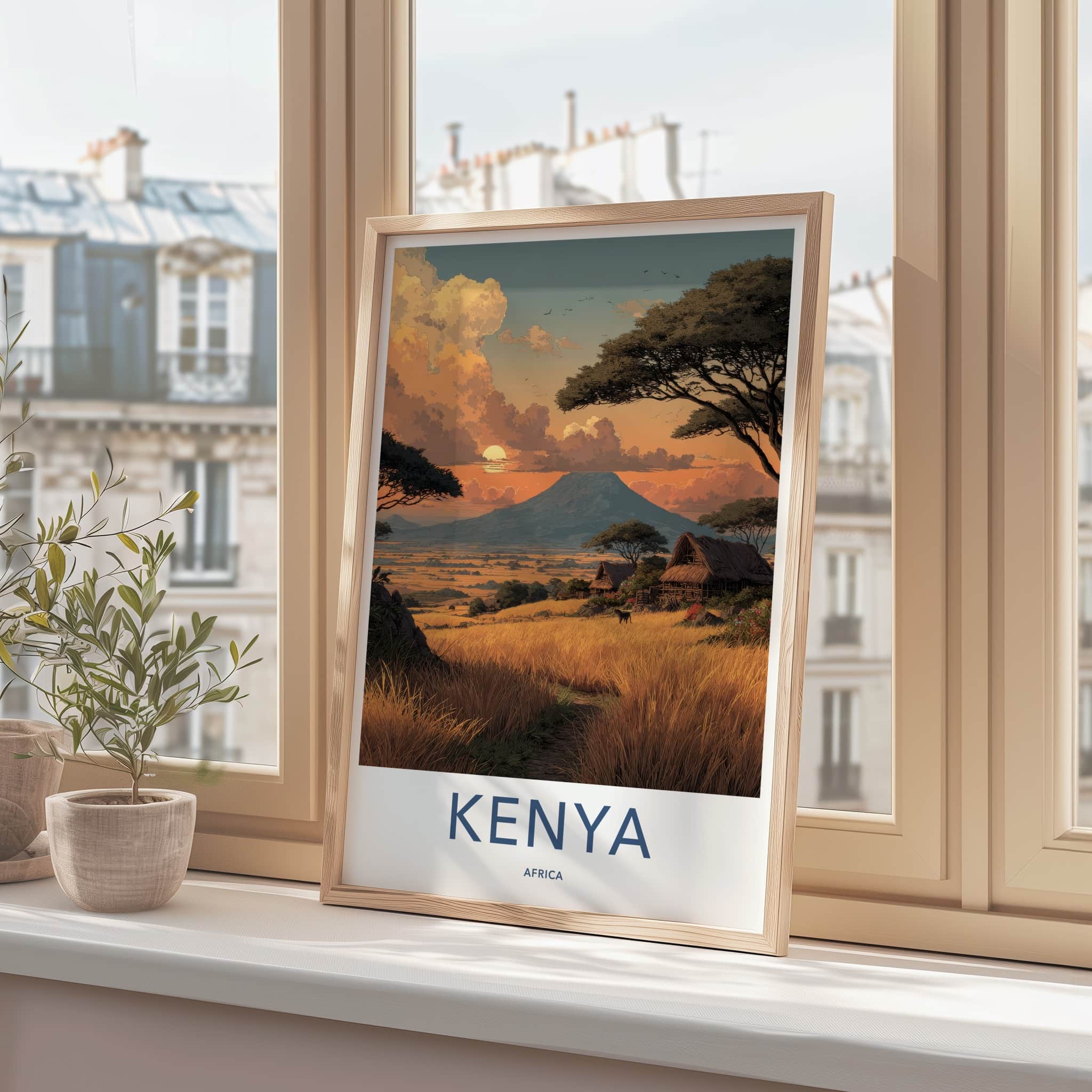 Kenya Poster - Africa Travel Art - Mountain Sunset Village Home Decor