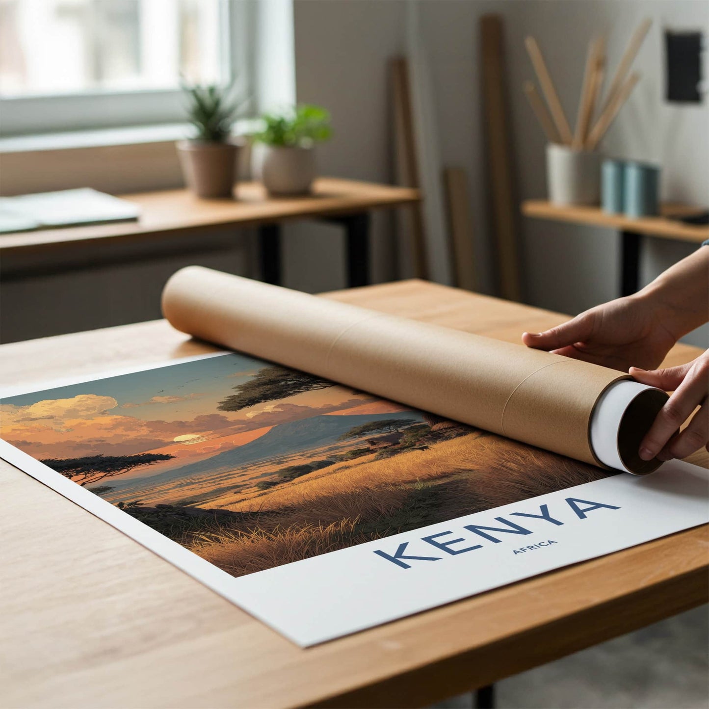 Kenya Poster - Africa Travel Art - Mountain Sunset Village Home Decor