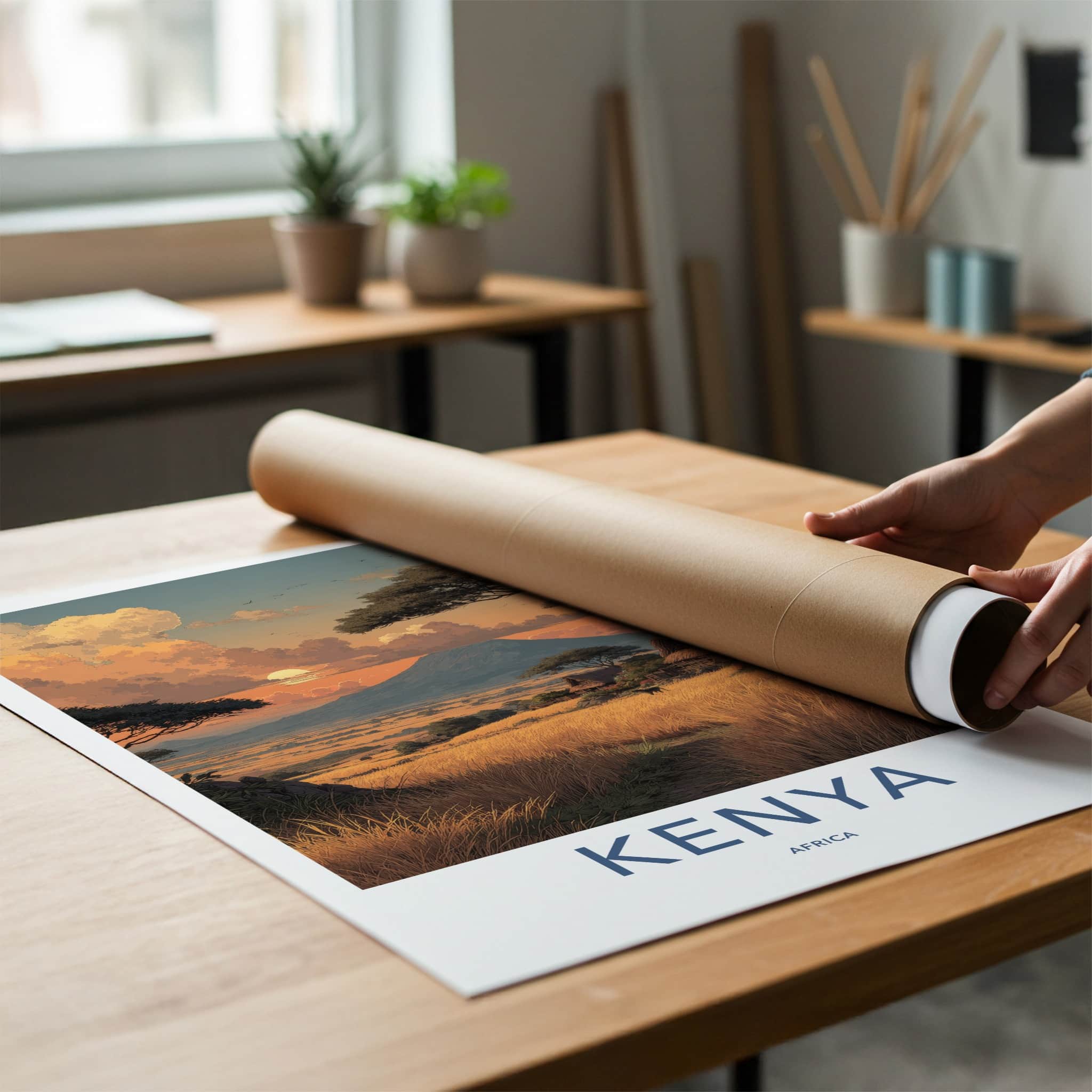 Kenya Poster - Africa Travel Art - Mountain Sunset Village Home Decor