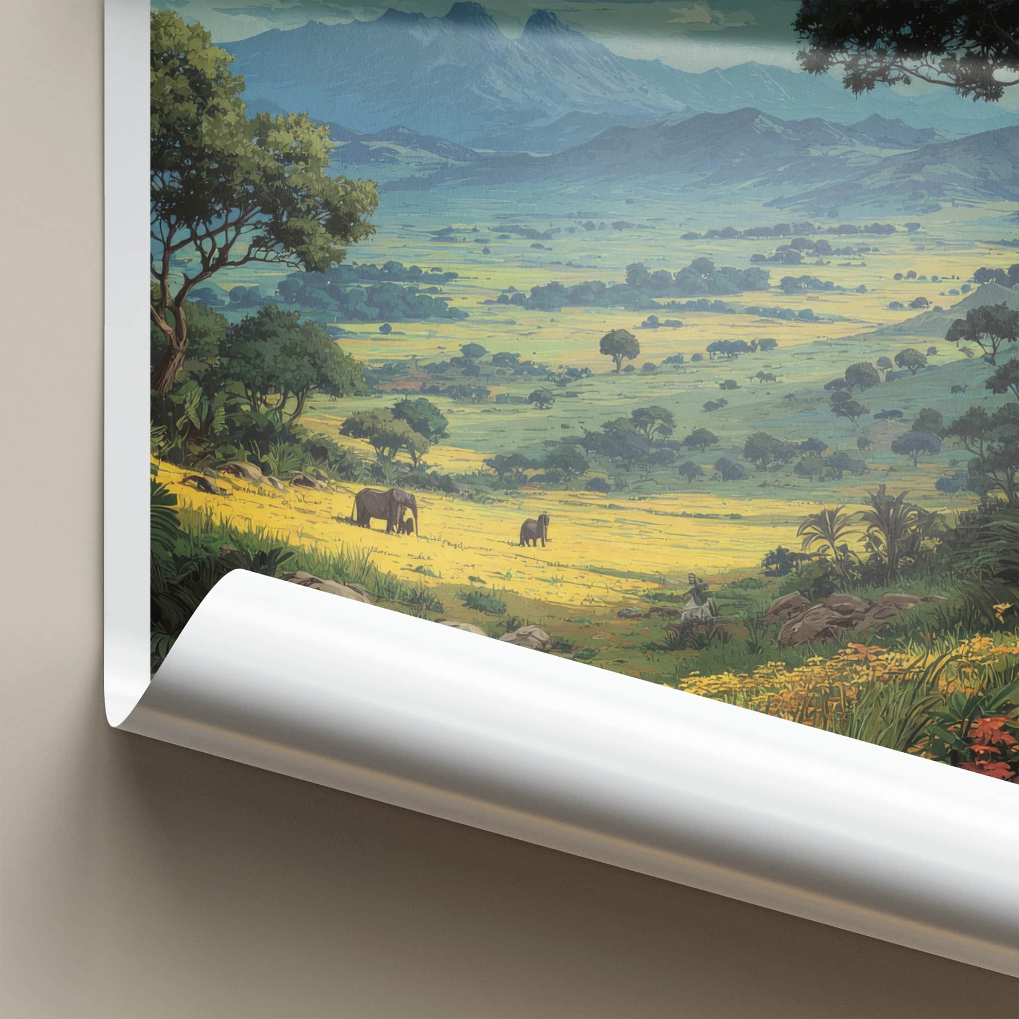 Kenya Poster - Nature Travel Art - Lush Valley Elephants Home Decor