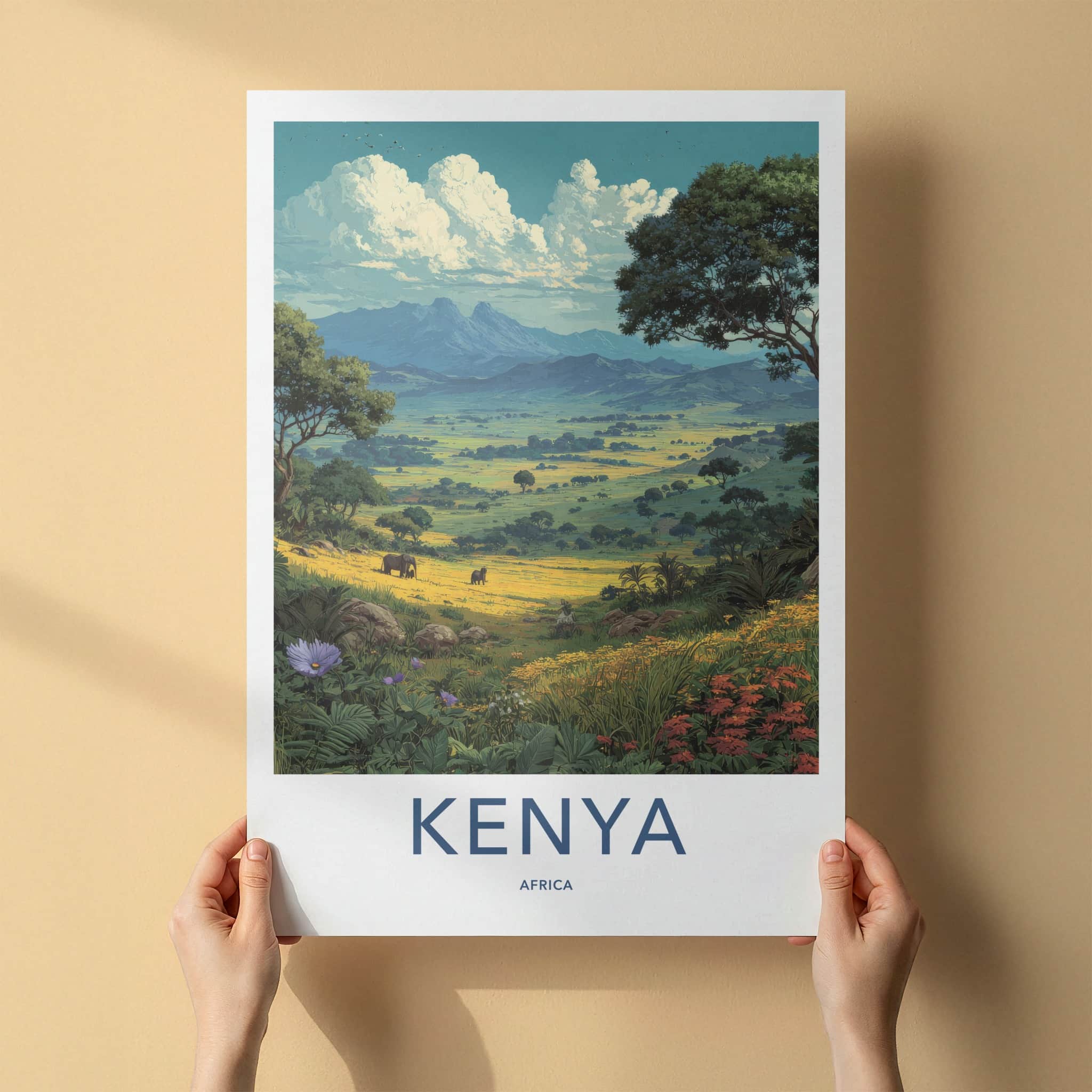 Kenya Poster - Nature Travel Art - Lush Valley Elephants Home Decor